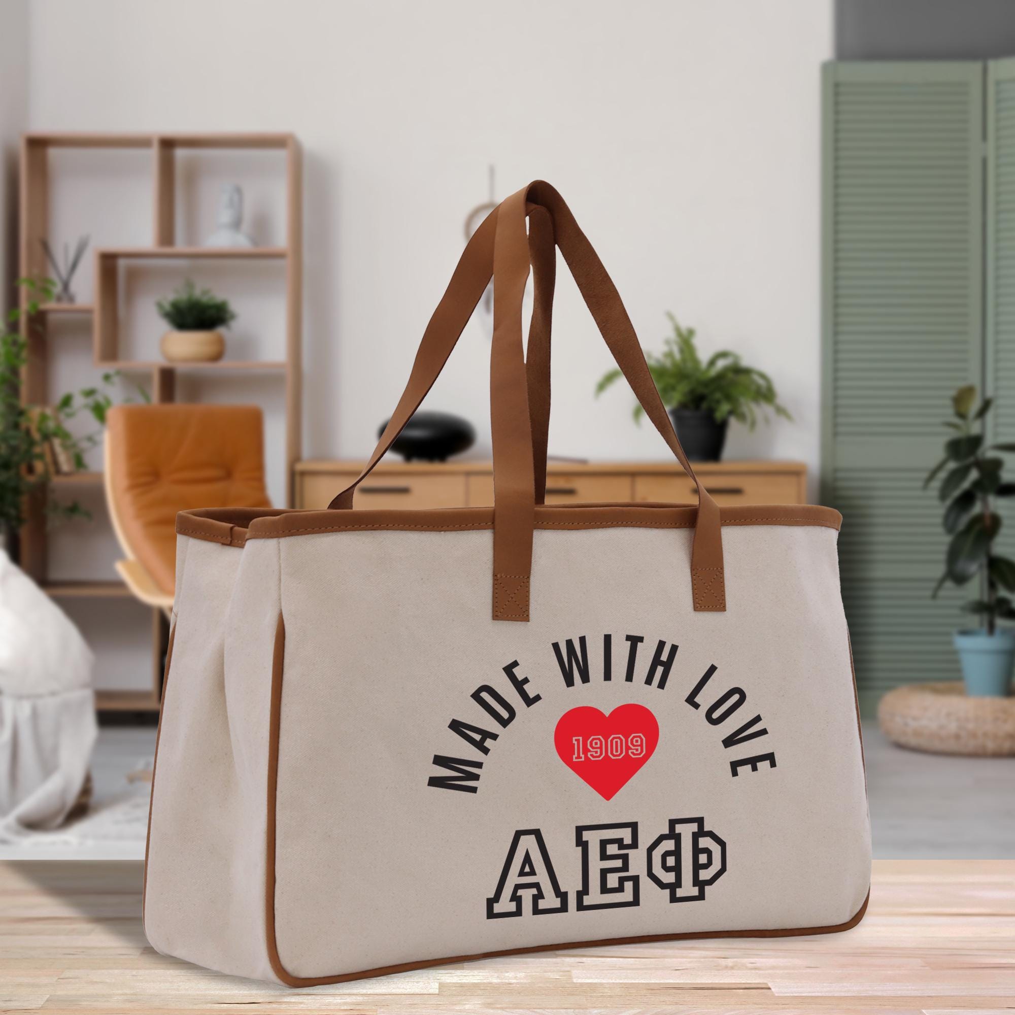 a large canvas bag with a heart on it