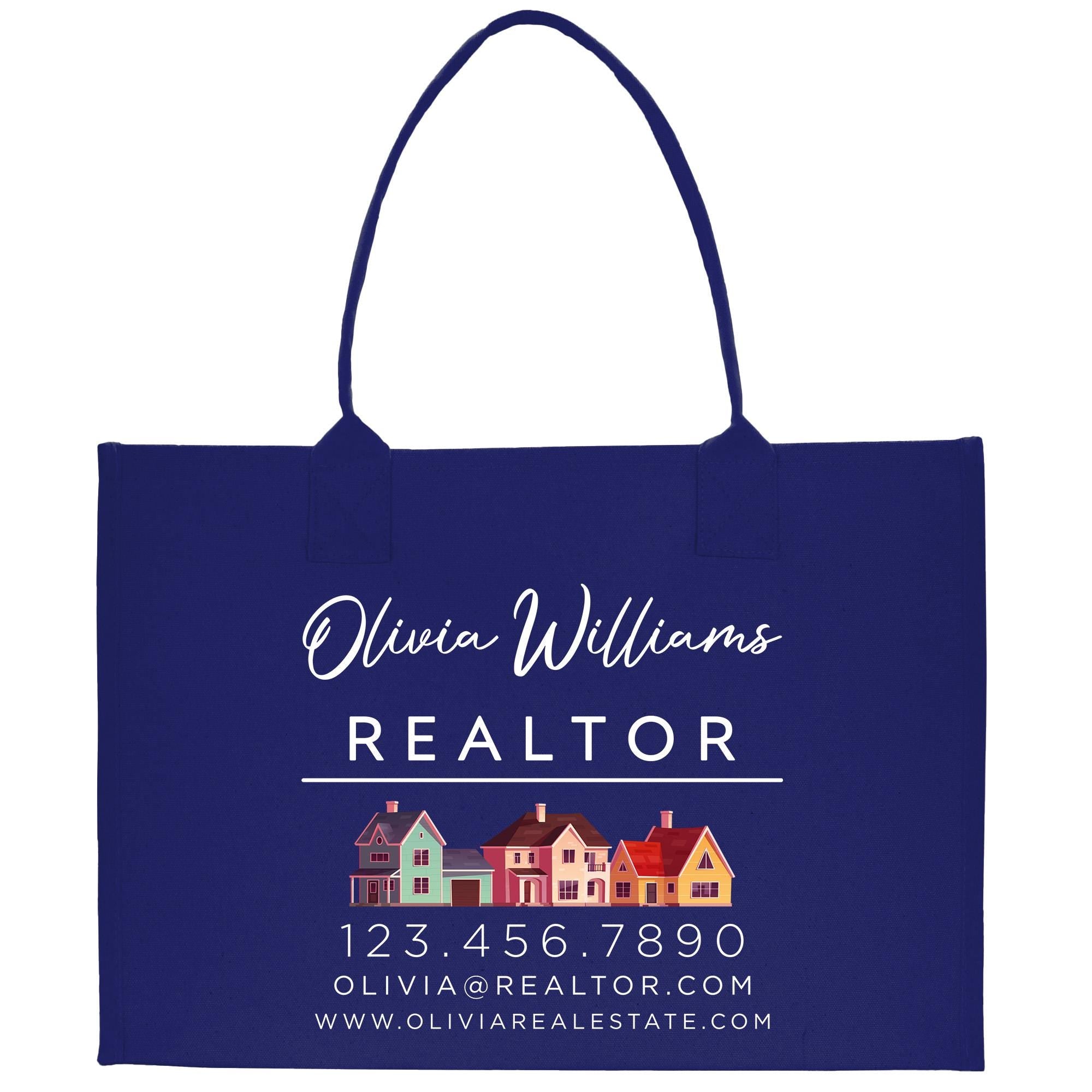 a blue shopping bag with a realtor logo on it