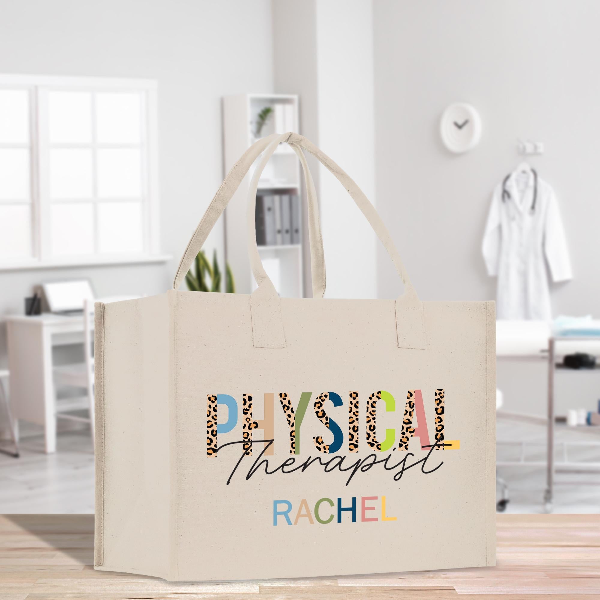 a canvas bag that says physical therapy on it