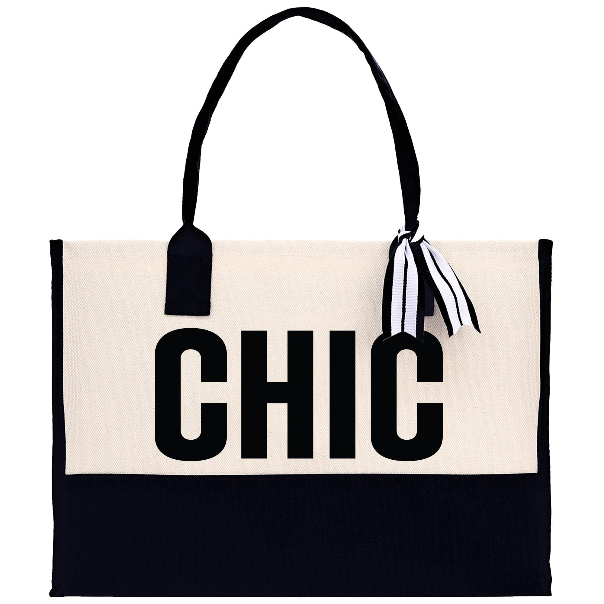 a black and white bag with the word chic on it