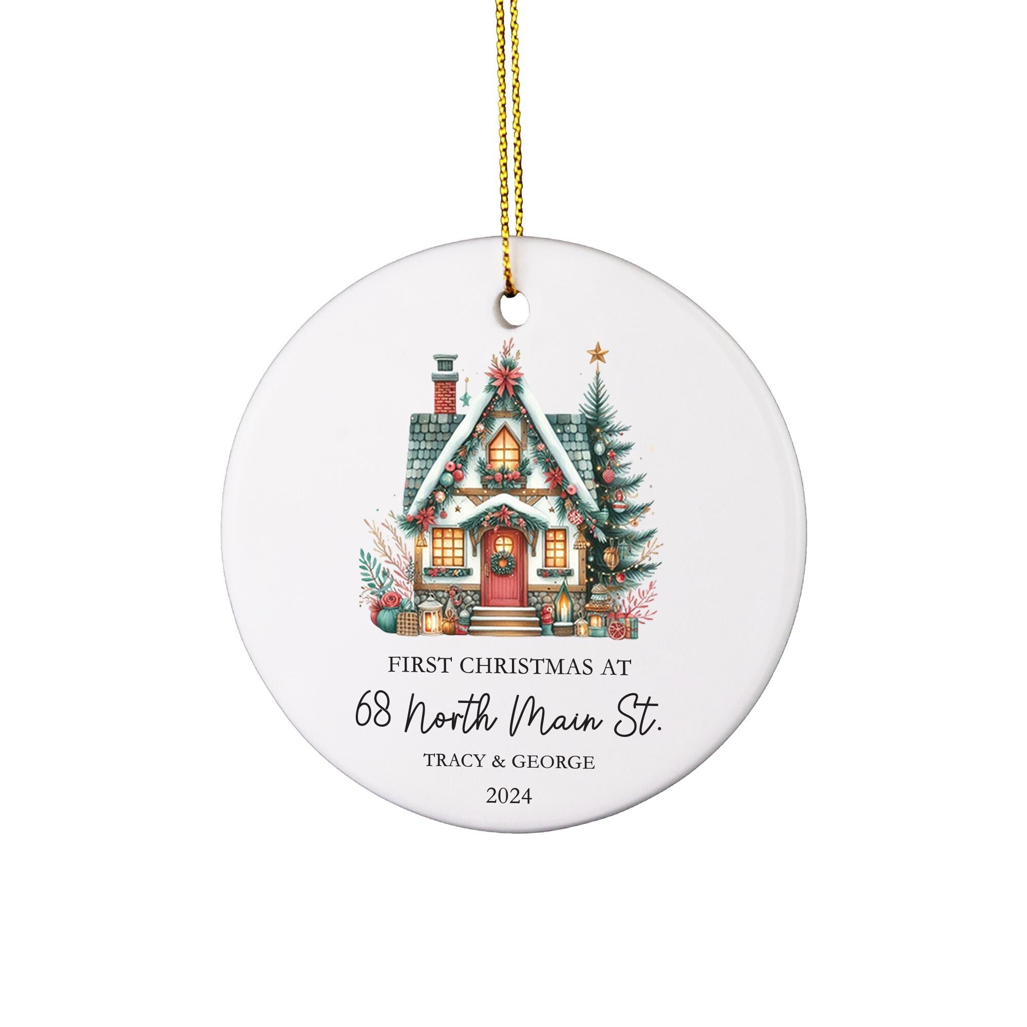 a christmas ornament with a house on it