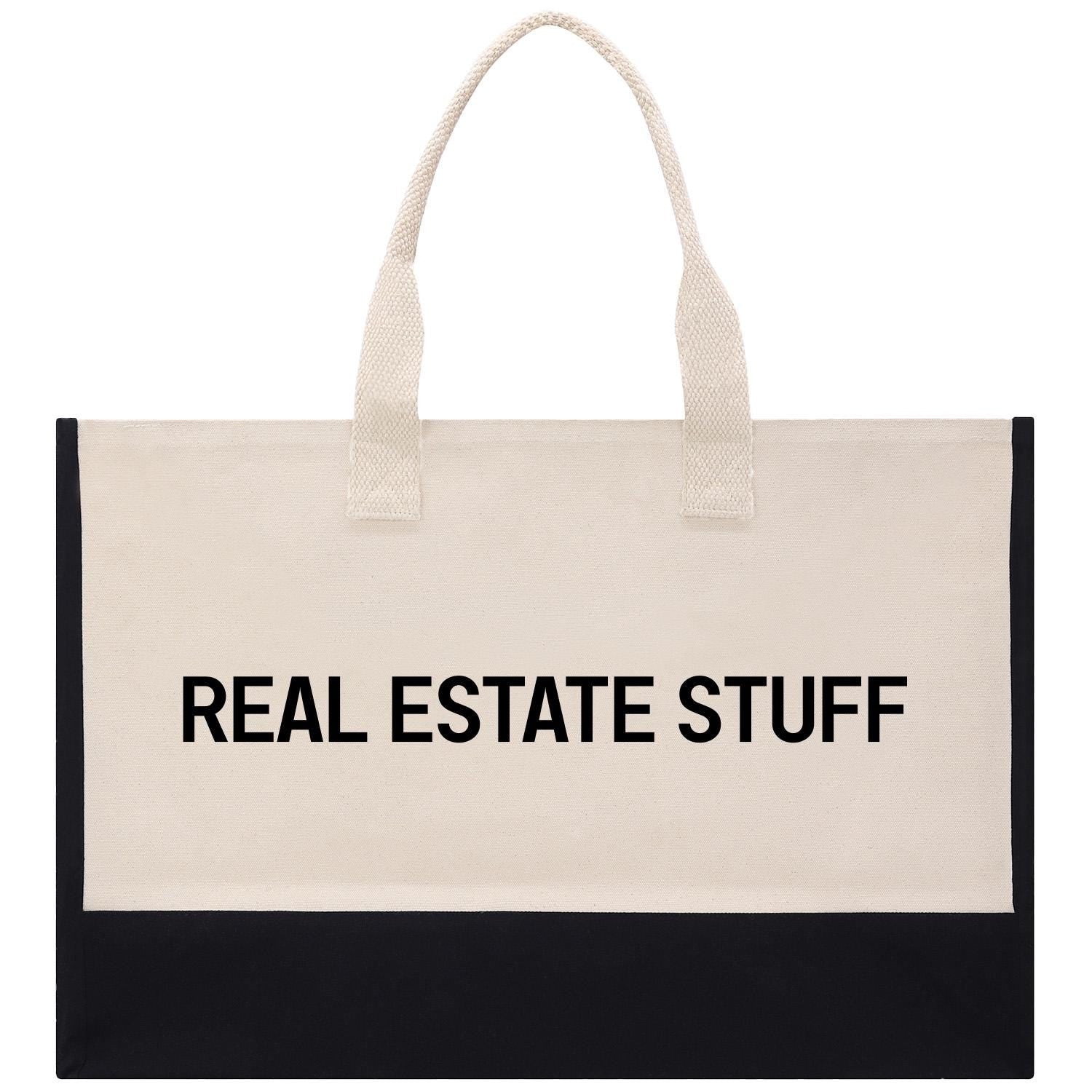 a black and white bag with the words real estate stuff on it