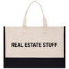 a black and white bag with the words real estate stuff on it