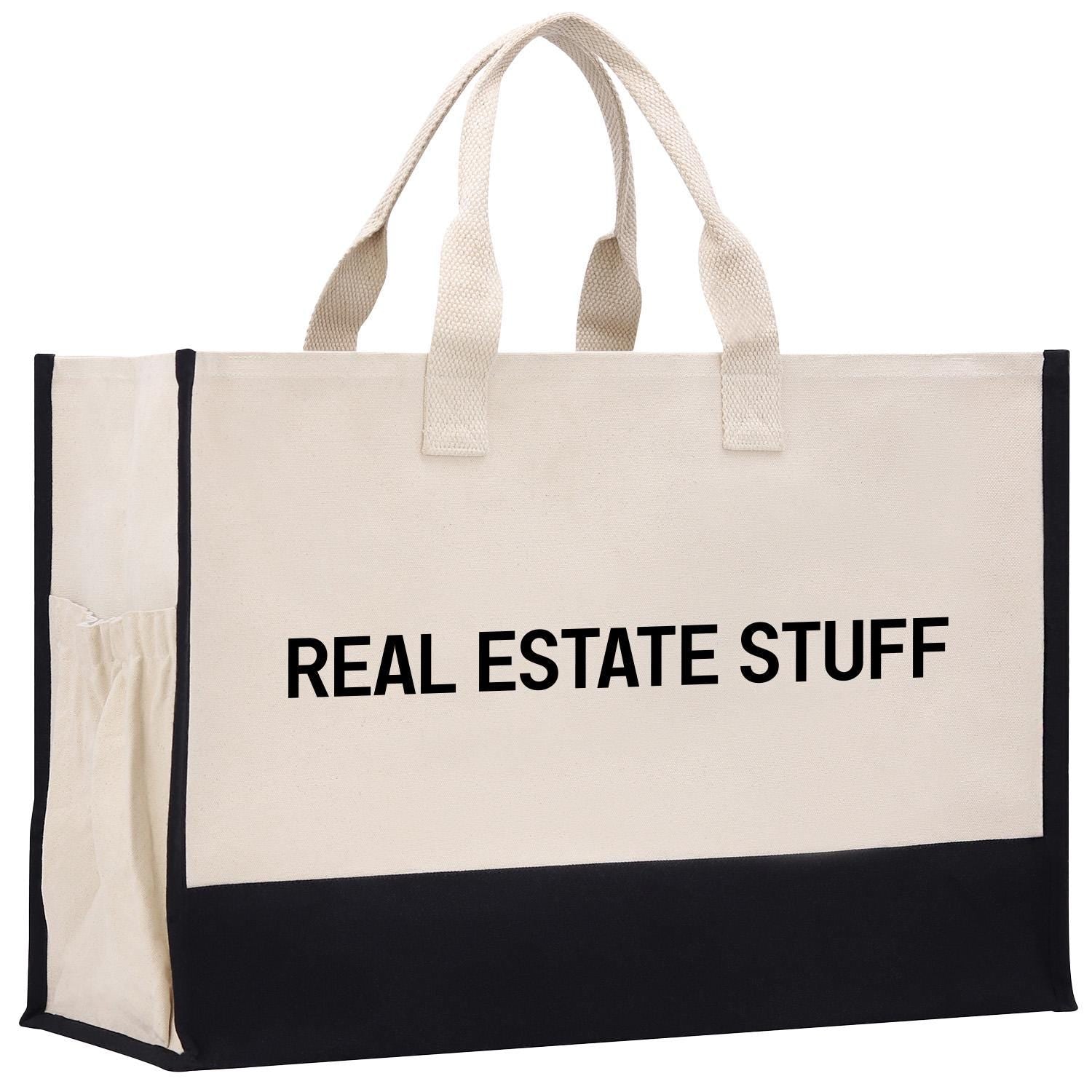 a white and black bag with the words real estate stuff on it