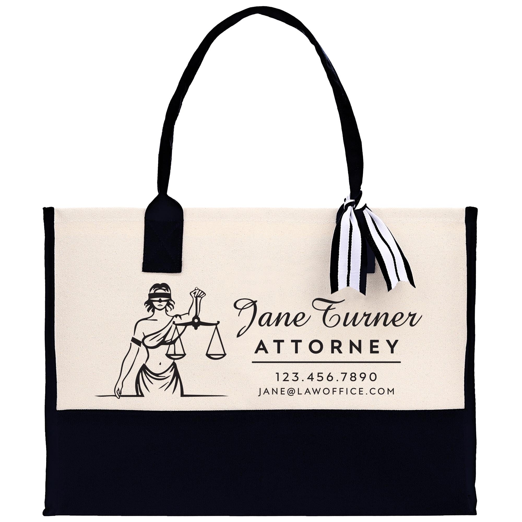 a white and black bag with a lady holding a scale of justice on it