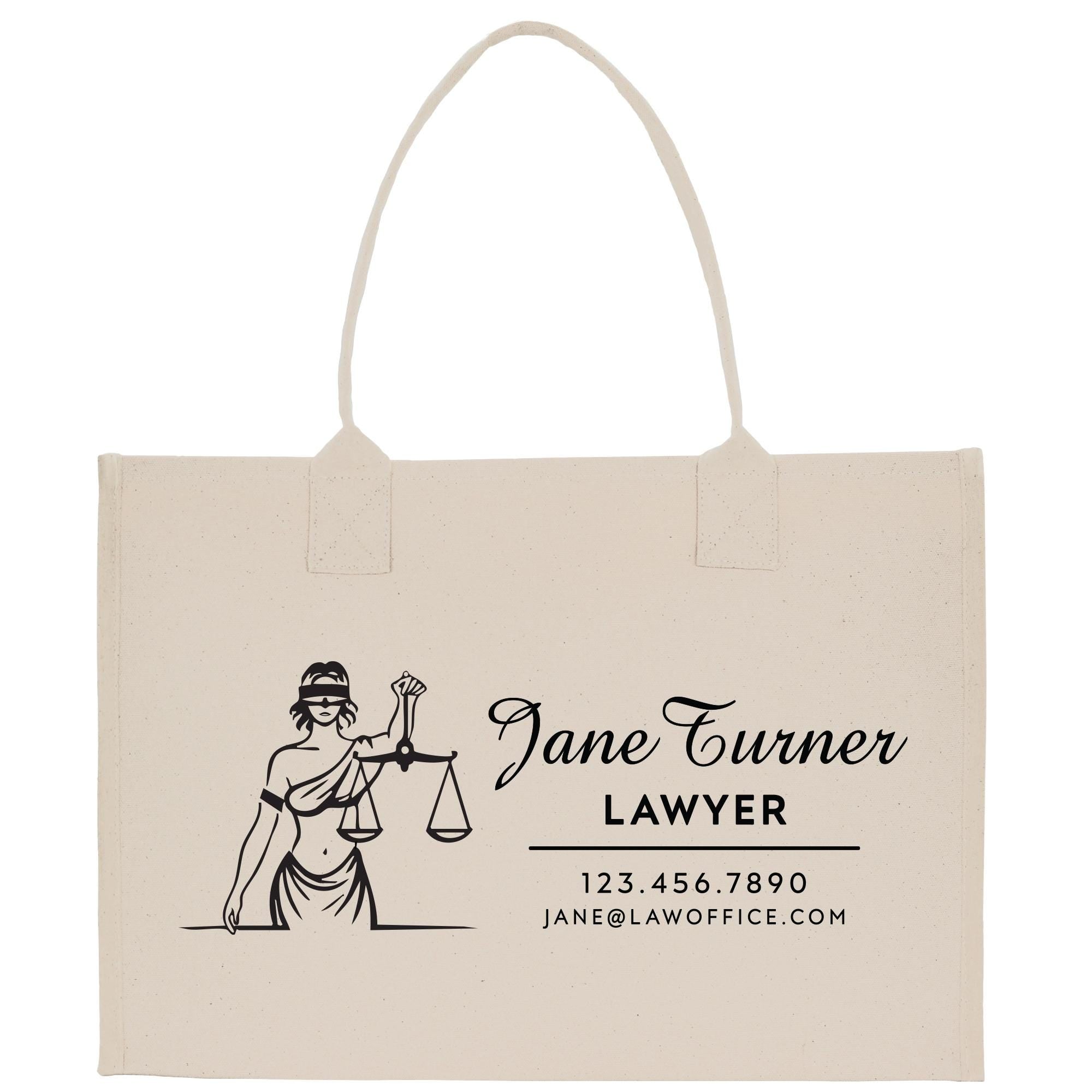 a white shopping bag with a lady holding a scale of justice