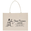 a white shopping bag with a lady holding a scale of justice