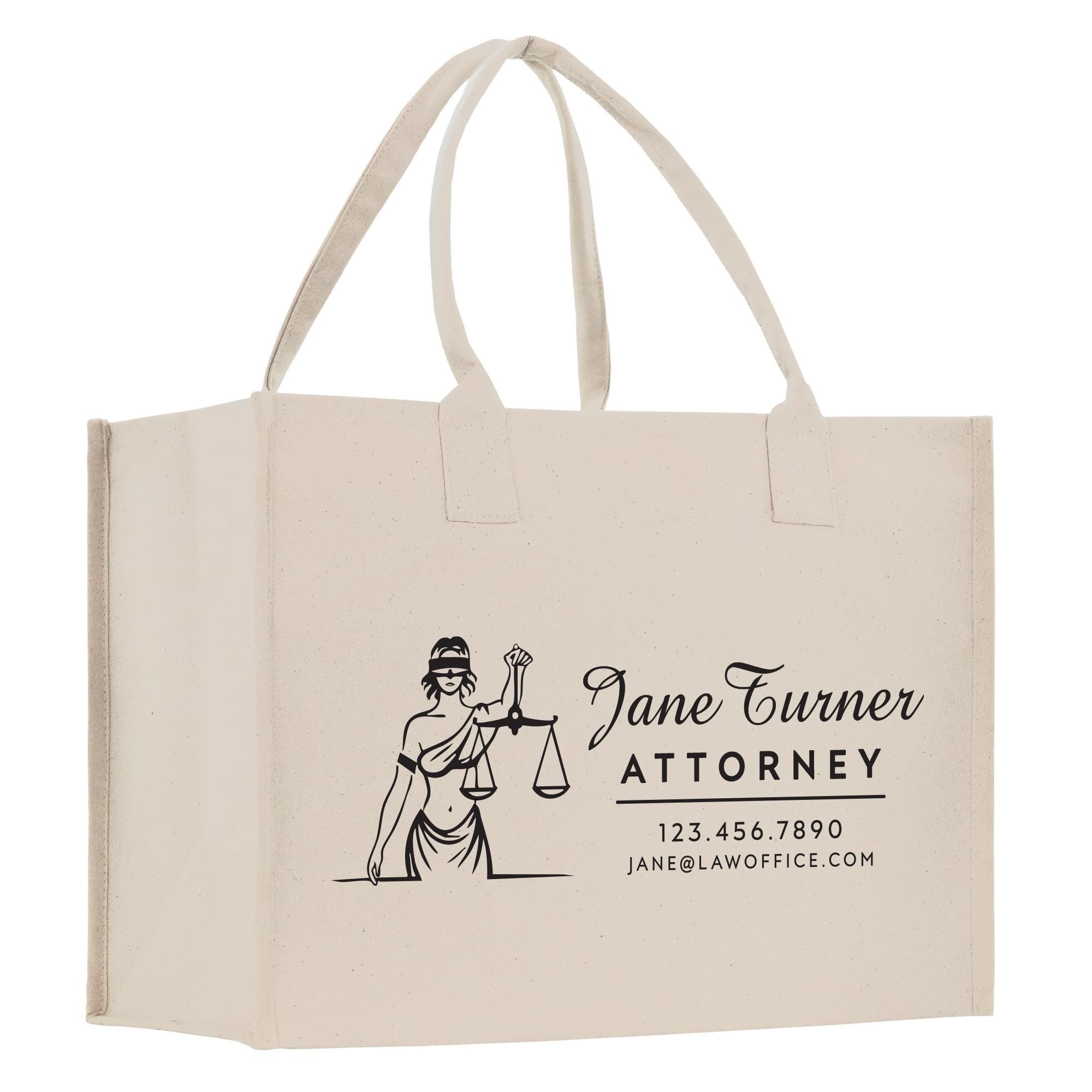 a white shopping bag with a lady holding a scale of justice