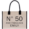 a black and white bag with the words n'50 and fabulous family printed on