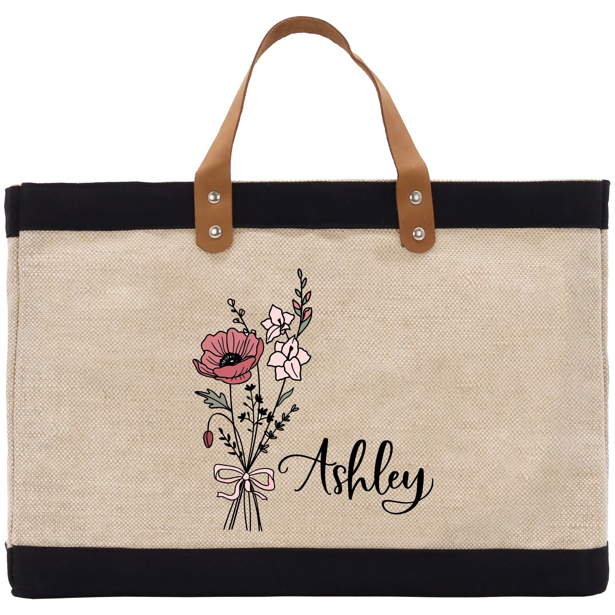 Birth Month Flower Personalized Name Jute Tote Bag Custom Flower Birthday Gift Burlap Bag Wedding Gift for Her Bridal Bridesmaid Market Bag