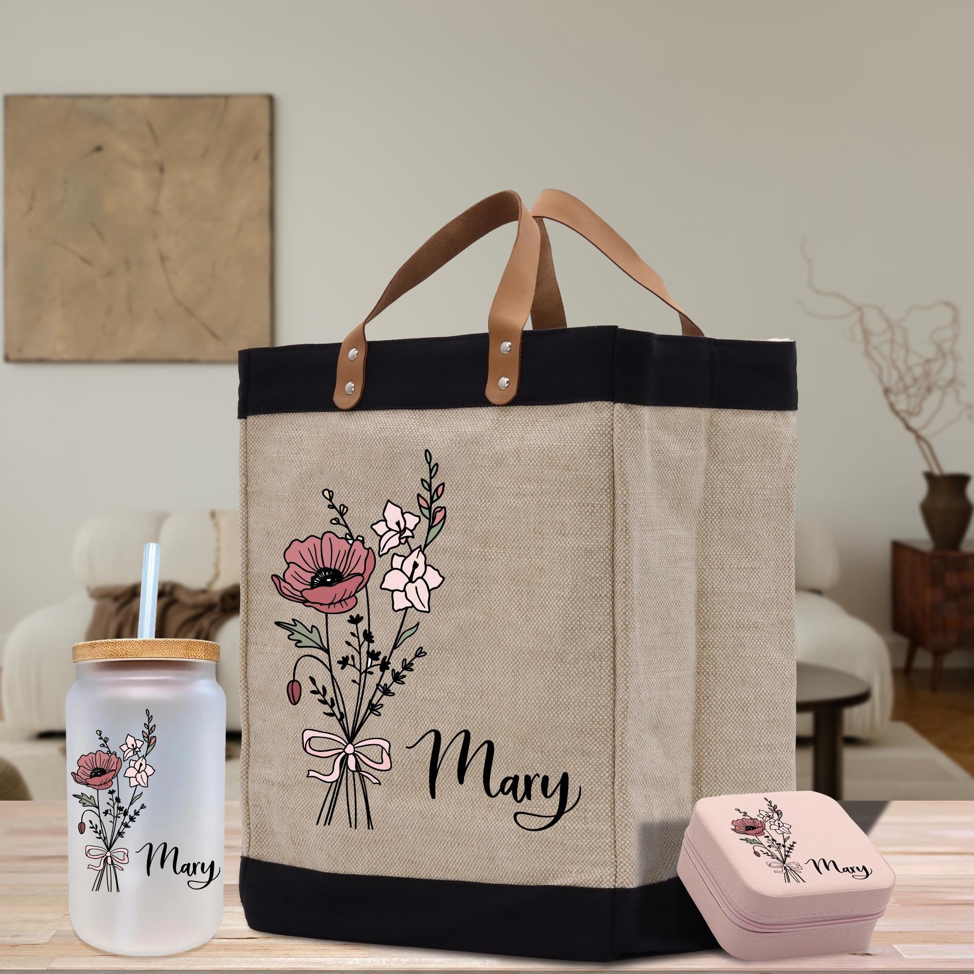 a tote bag with a water bottle next to it