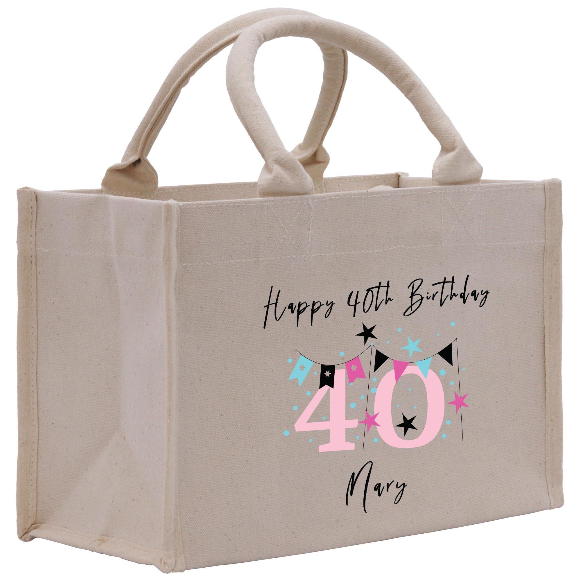 Personalized Happy 40th Birthday Name Cotton Canvas Small Tote Bag Custom Birthday Gift Tote 40th Birthday Celebration Party Gift (BDT1017)