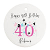 a white birthday ornament with a pink and black number forty