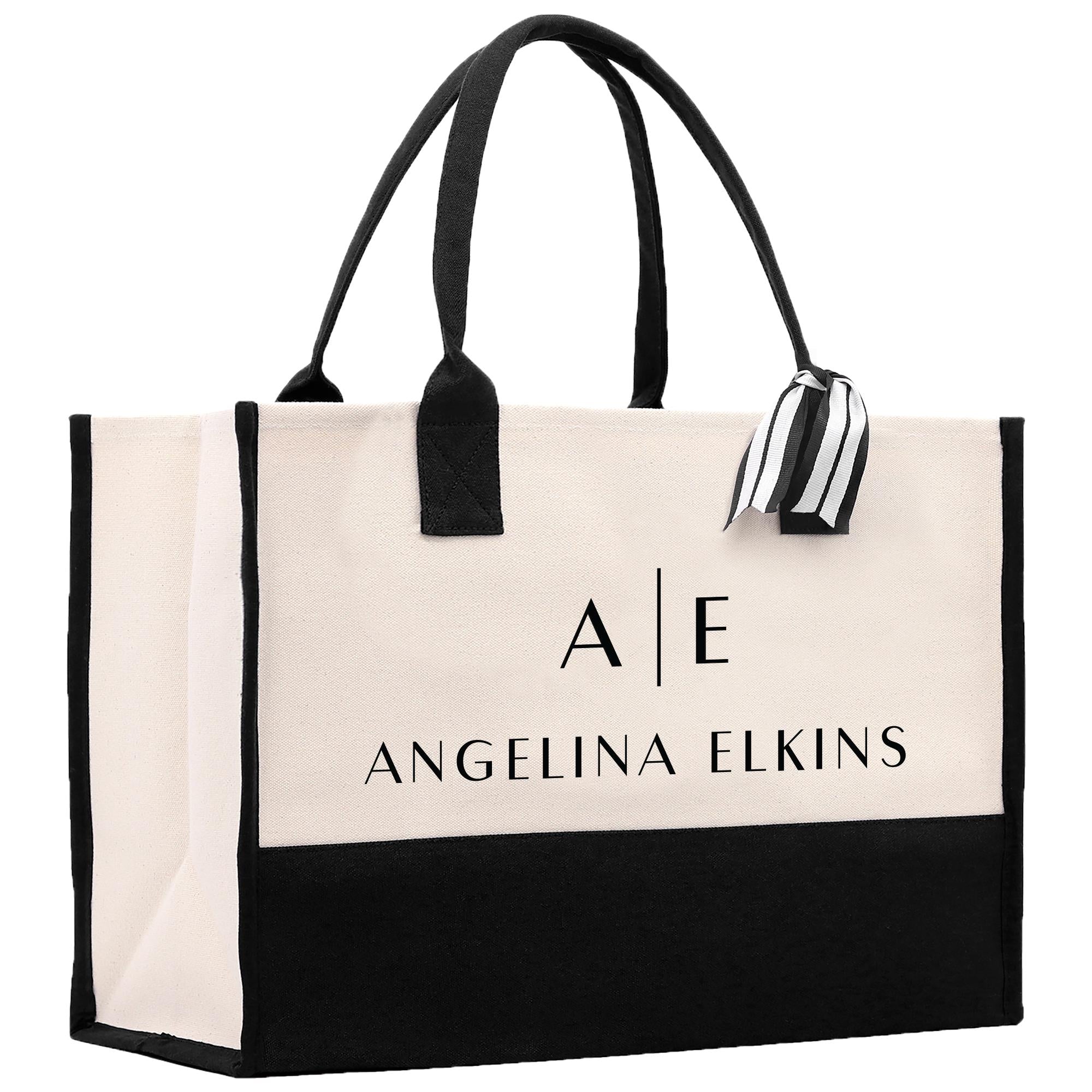 a black and white shopping bag with a logo on it