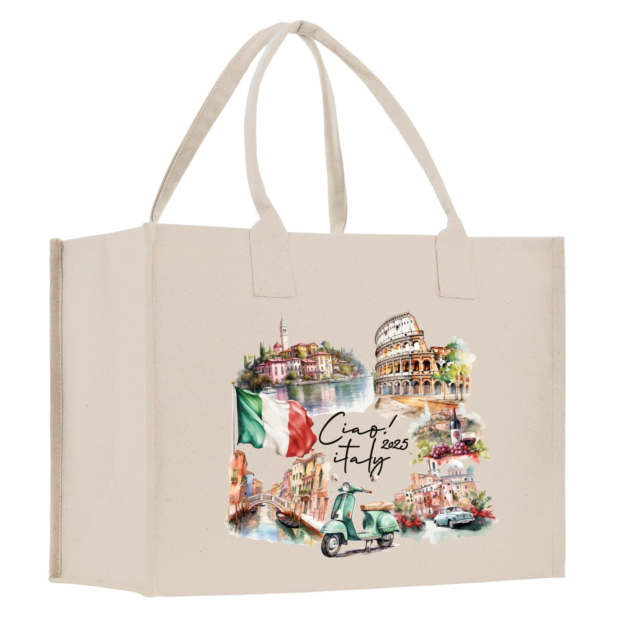 a white shopping bag with a picture of italy