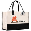 a white and black bag with a picture of a woman doing yoga