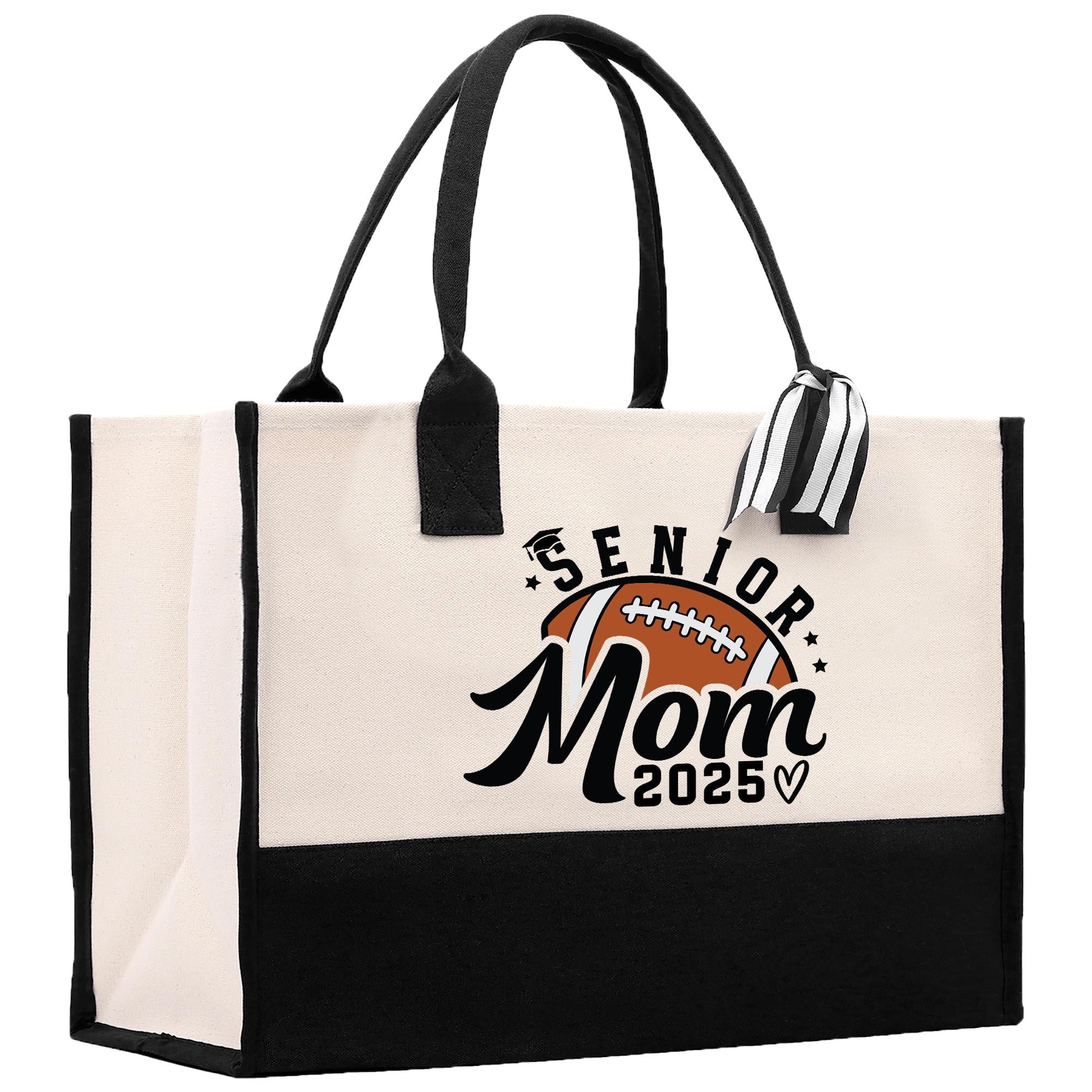 a black and white tote bag with a football on it