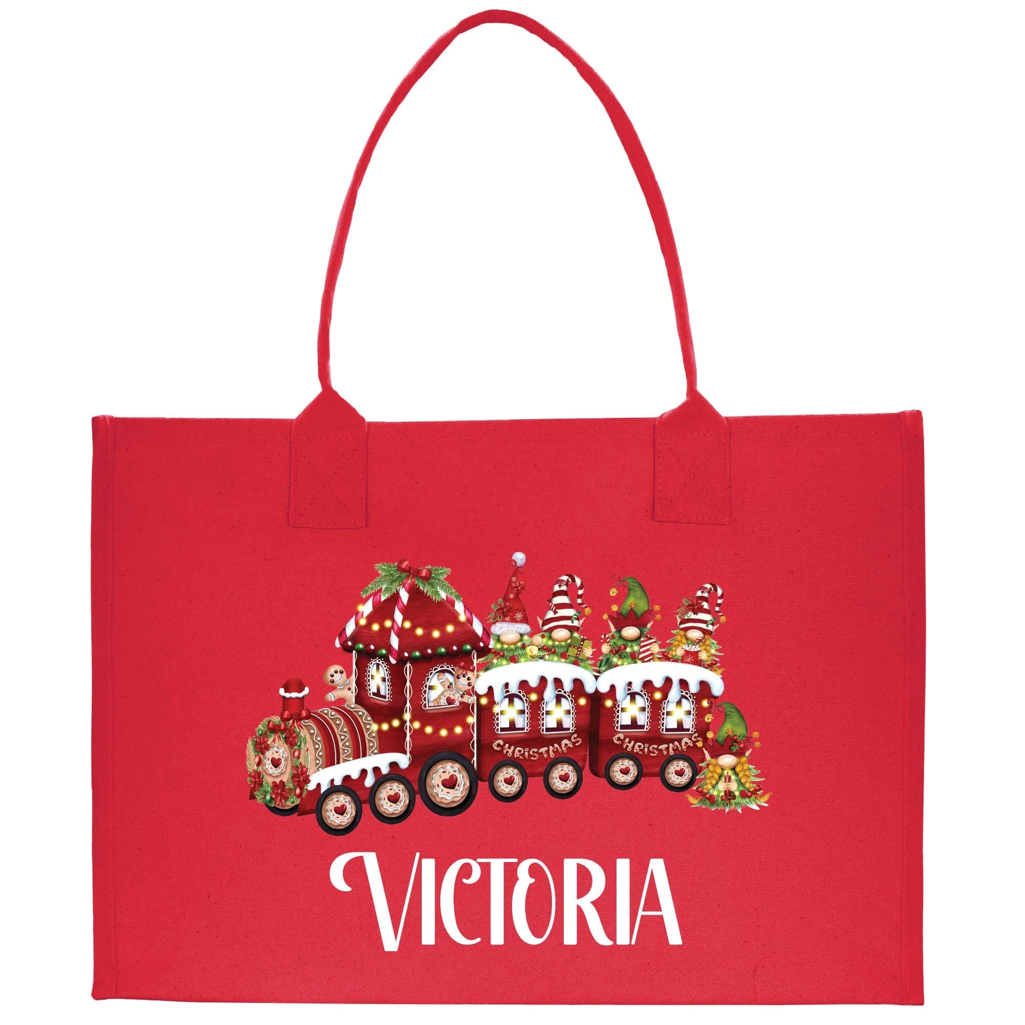 a red shopping bag with a train on it