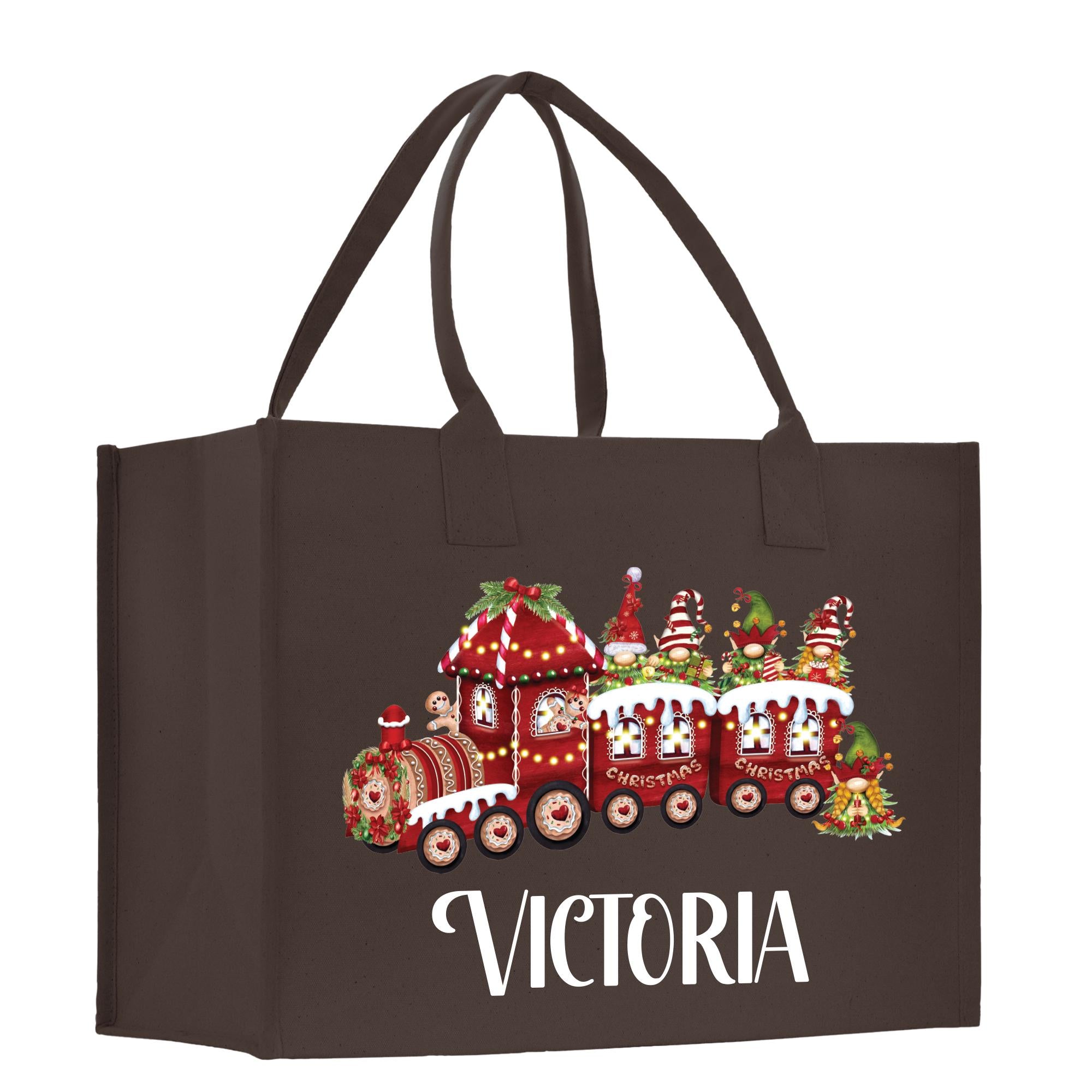 a brown shopping bag with a christmas train on it