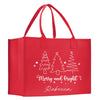 a red shopping bag with a christmas tree on it