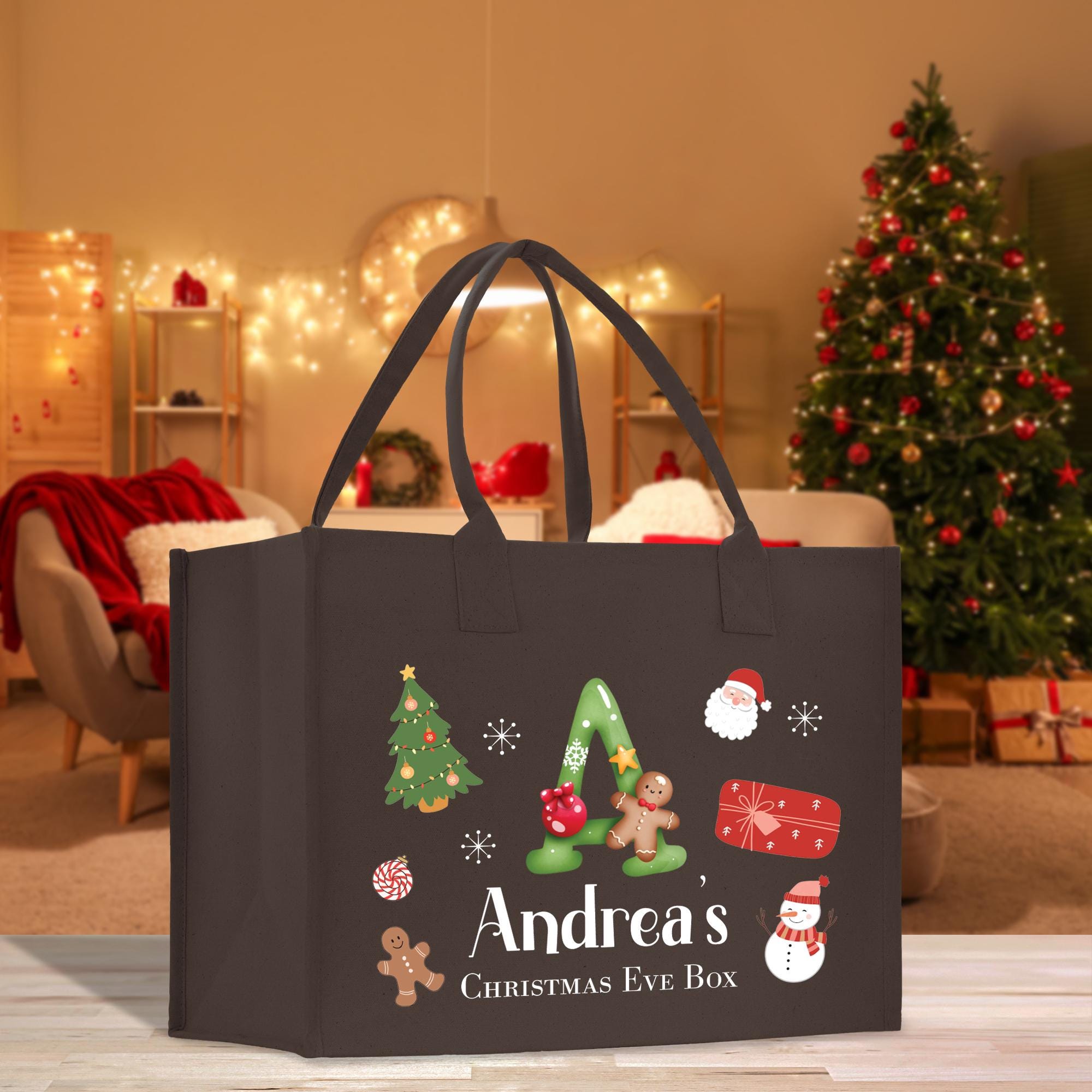 a black christmas bag sitting on top of a table