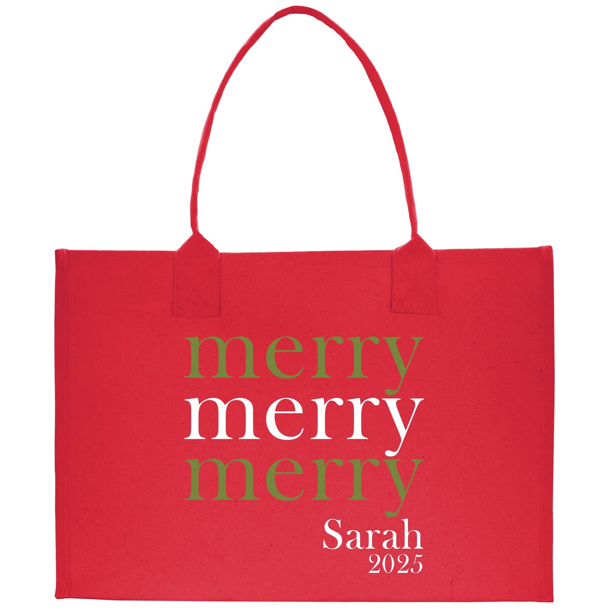 a red shopping bag with a merry merry message