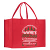 a red shopping bag with a white christmas message