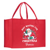 a red shopping bag with a santa clause on it