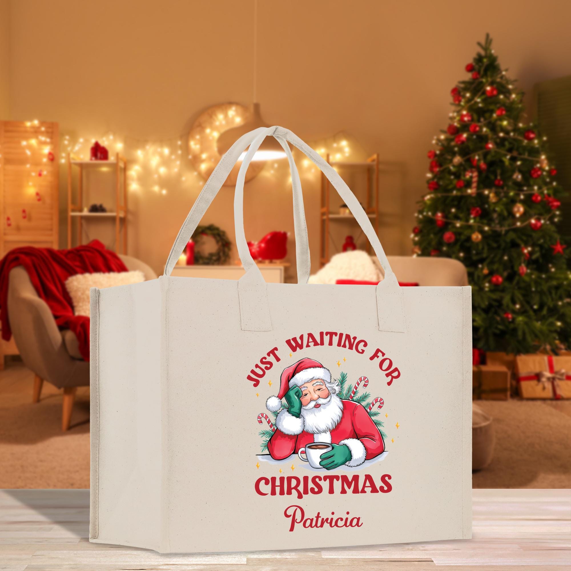 a white shopping bag with a santa clause on it