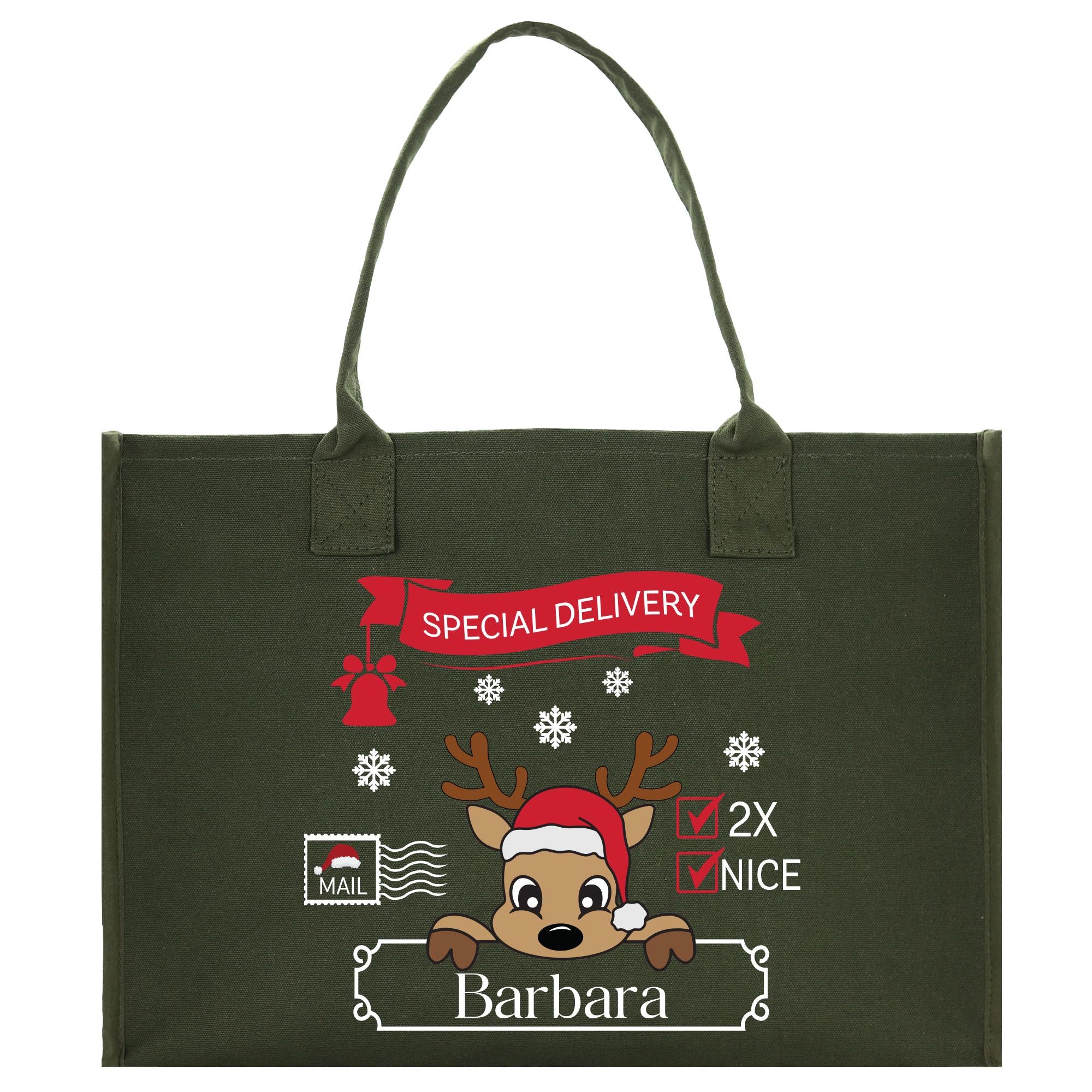 a green shopping bag with a reindeer on it