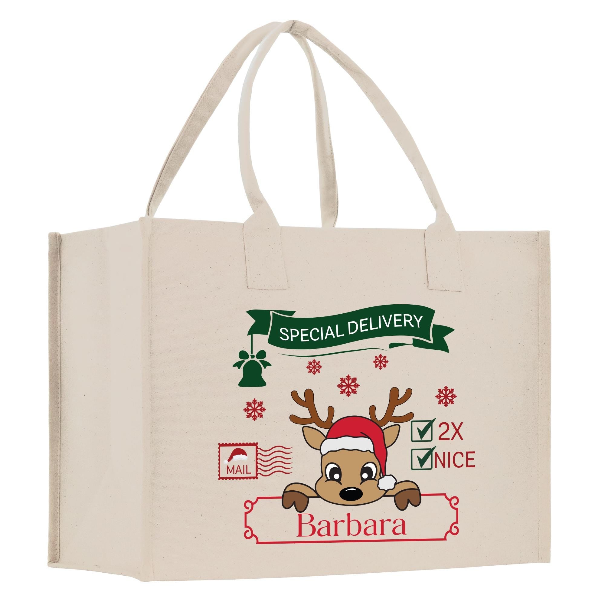 a white shopping bag with a reindeer on it