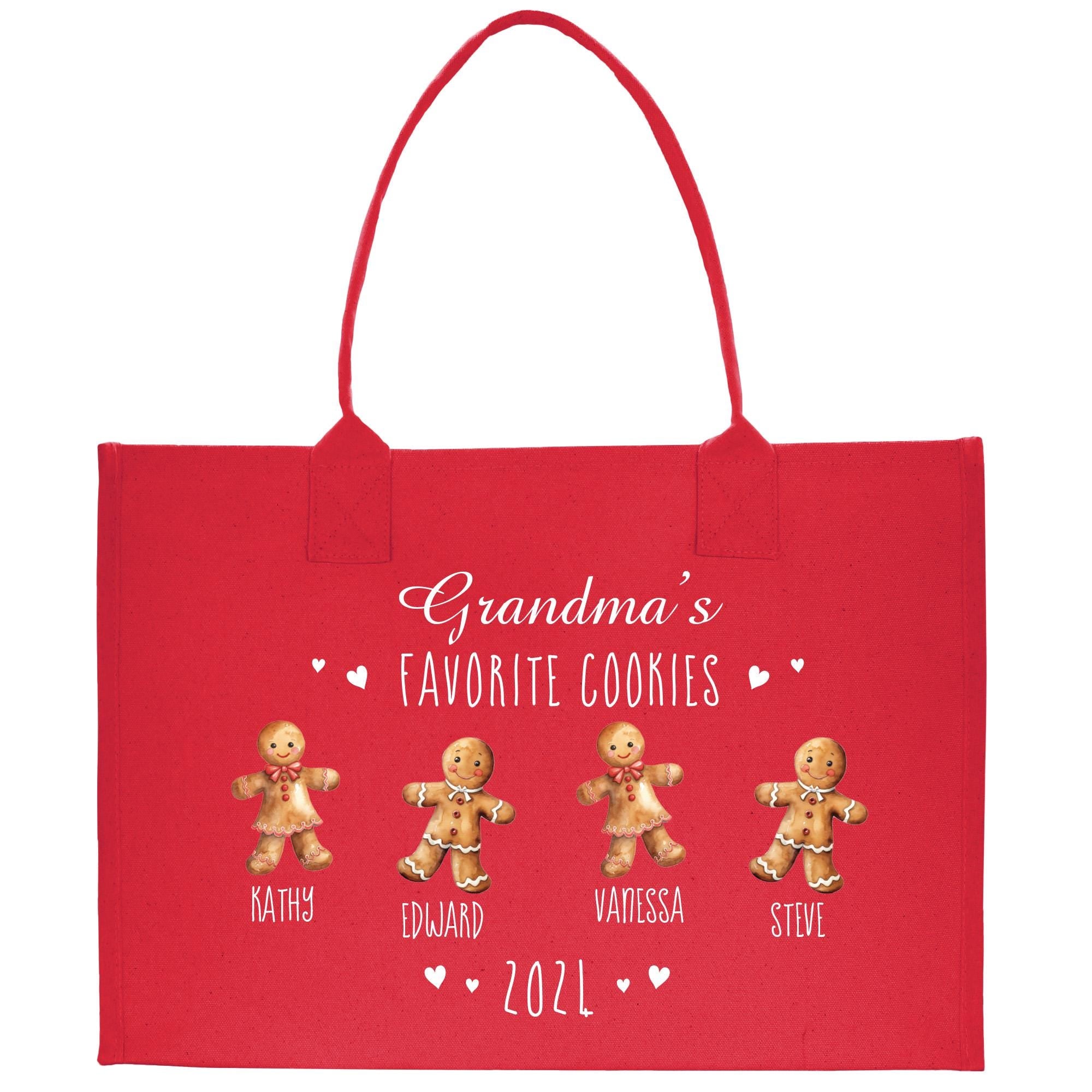 a red shopping bag with three gingerbreads on it