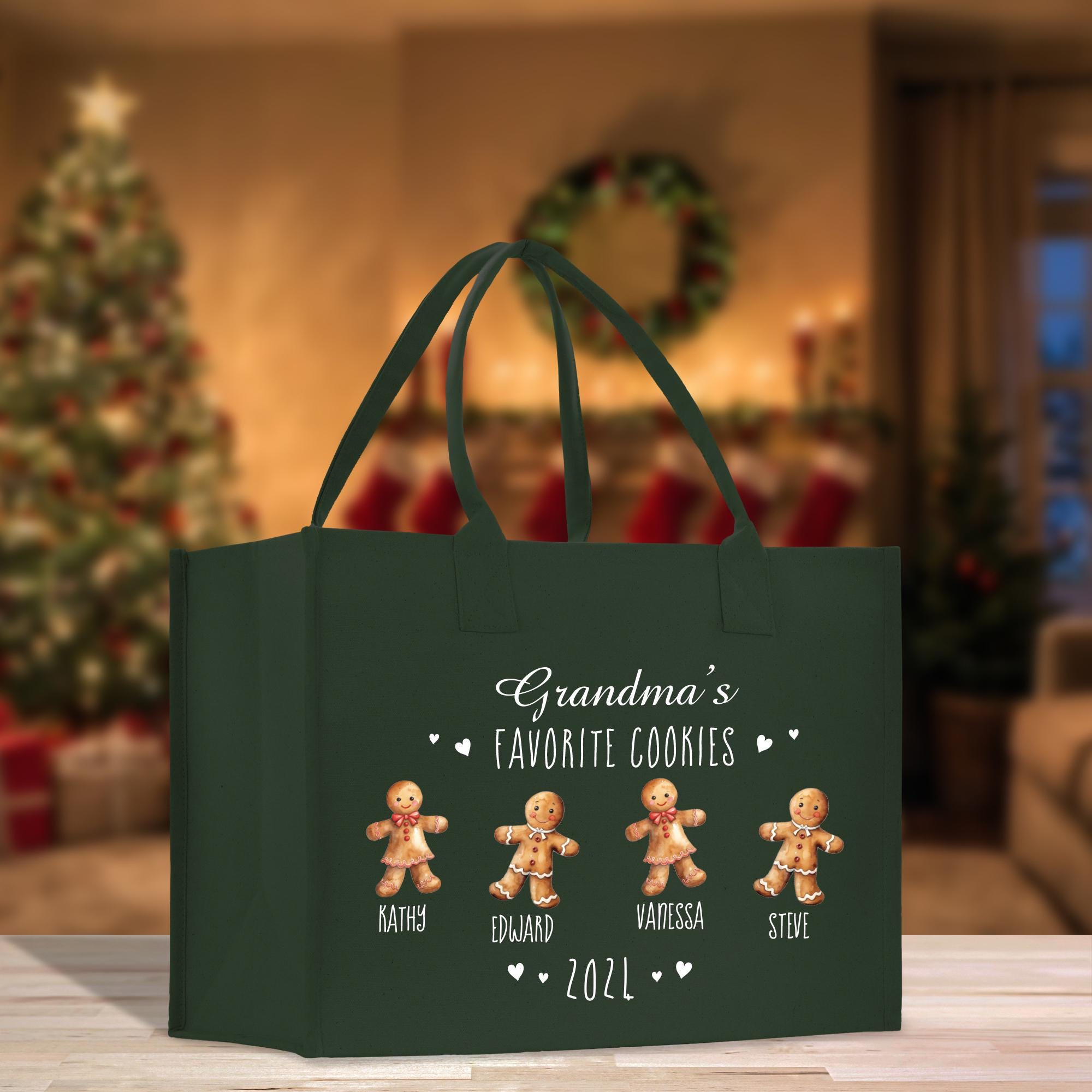 a green shopping bag with three gingerbreads on it