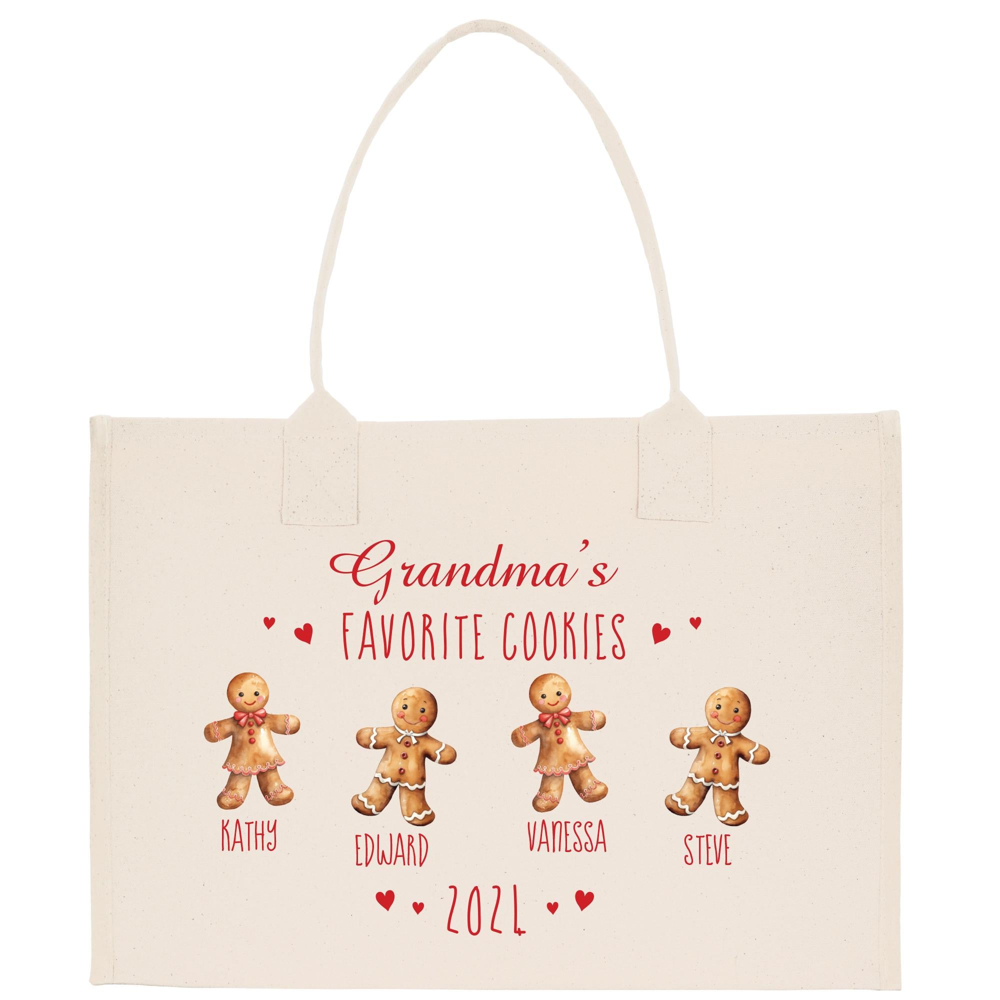 a white bag with three gingerbreads on it