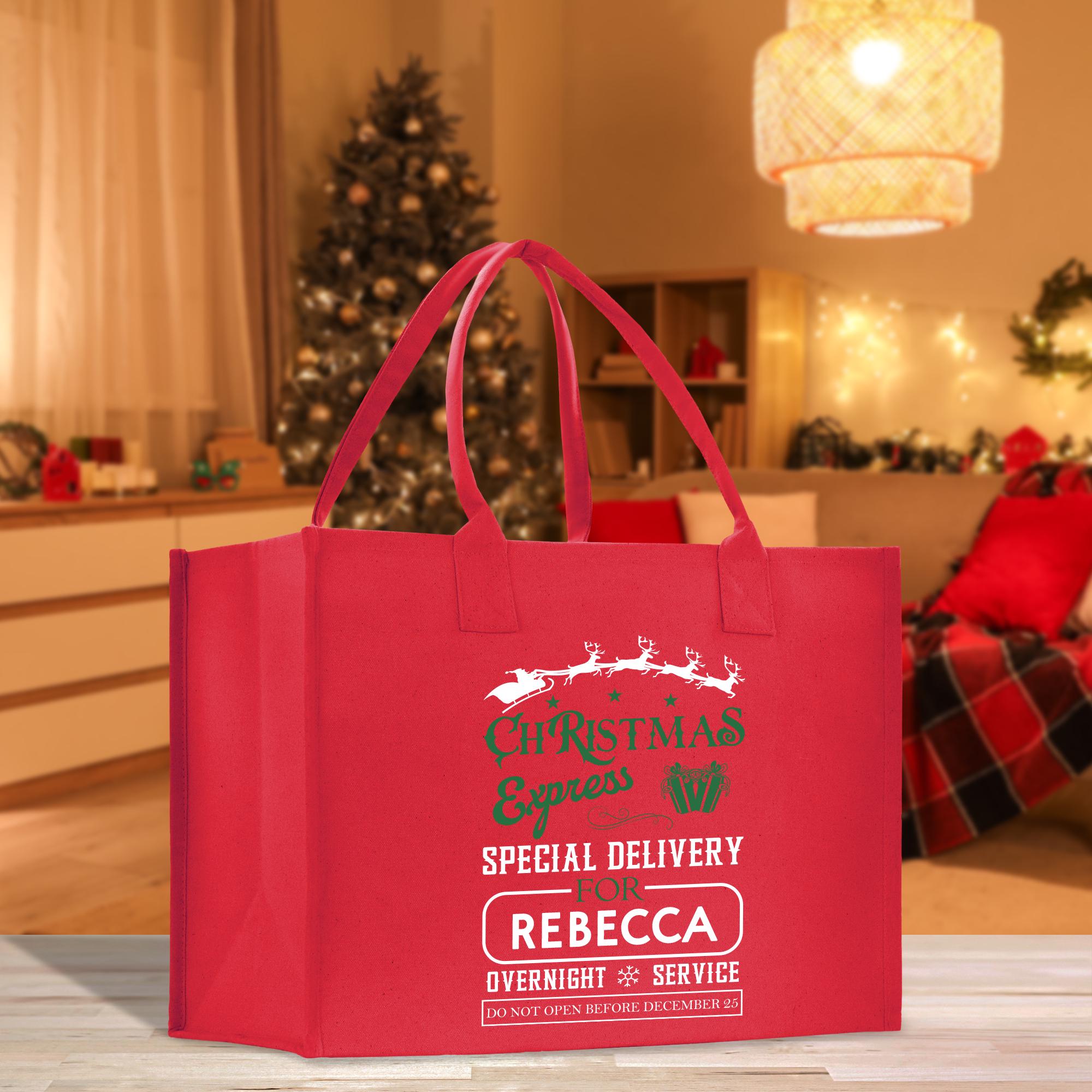 a red shopping bag sitting on top of a table