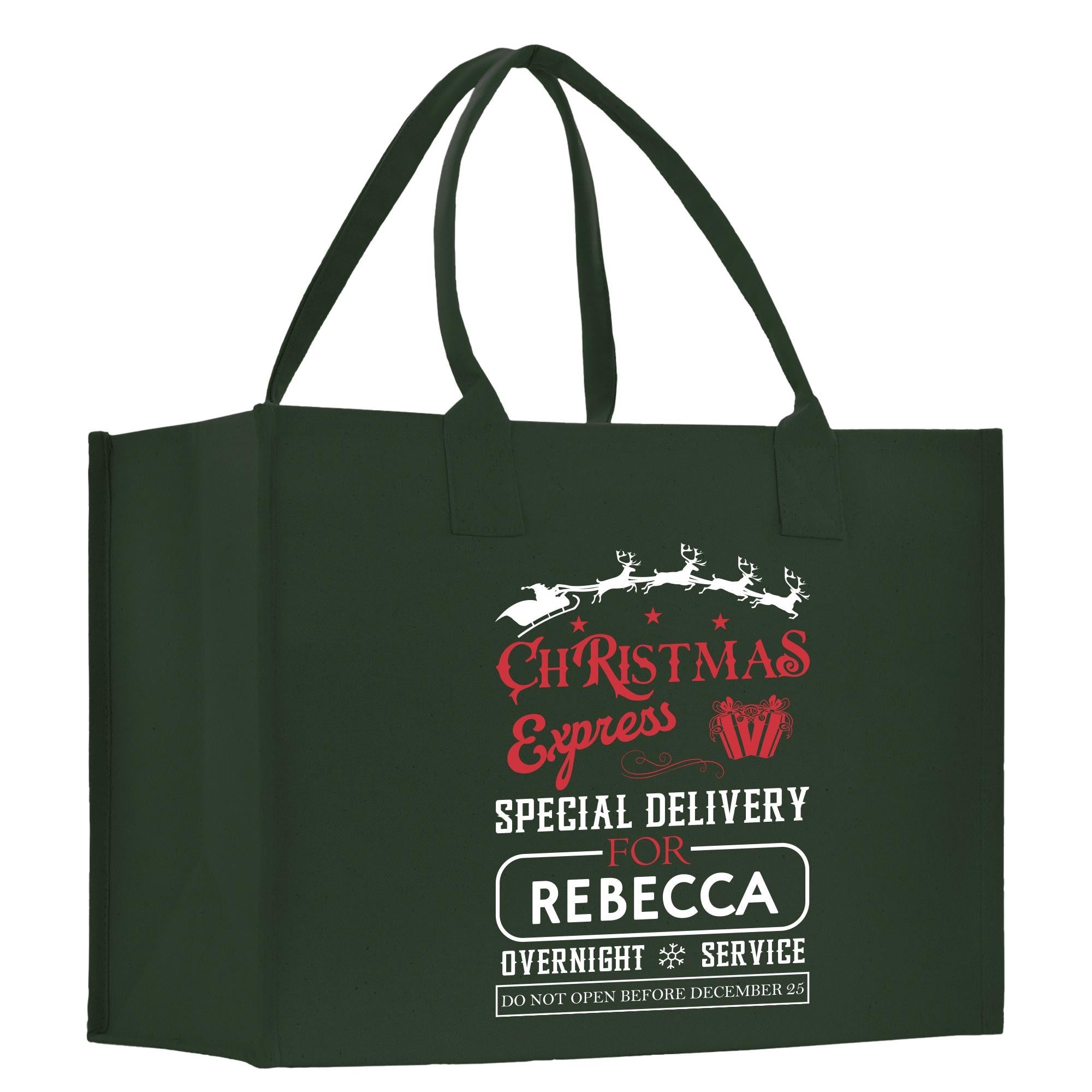 a green shopping bag with a christmas message on it