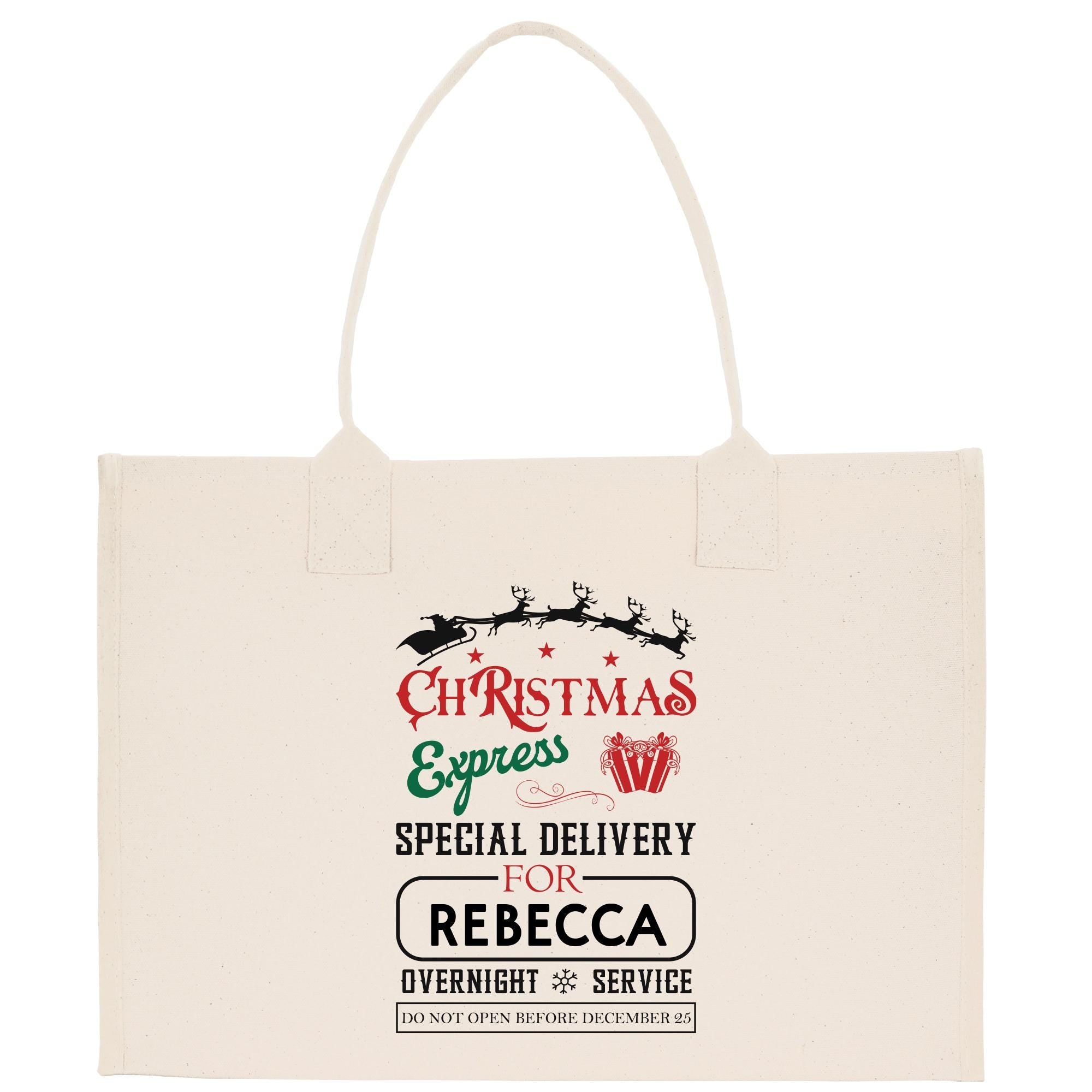 a white shopping bag with a christmas message on it