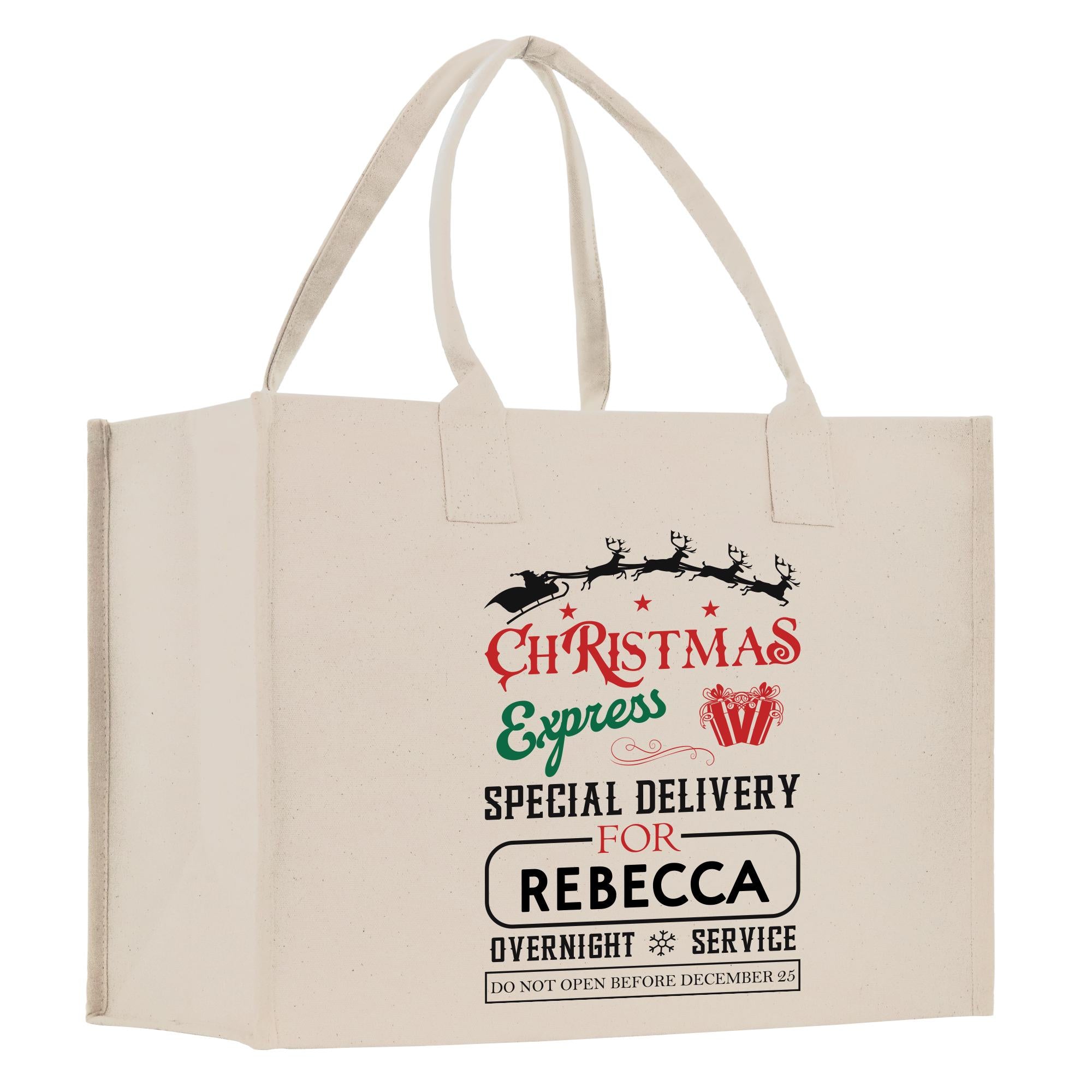 a white shopping bag with a christmas message on it