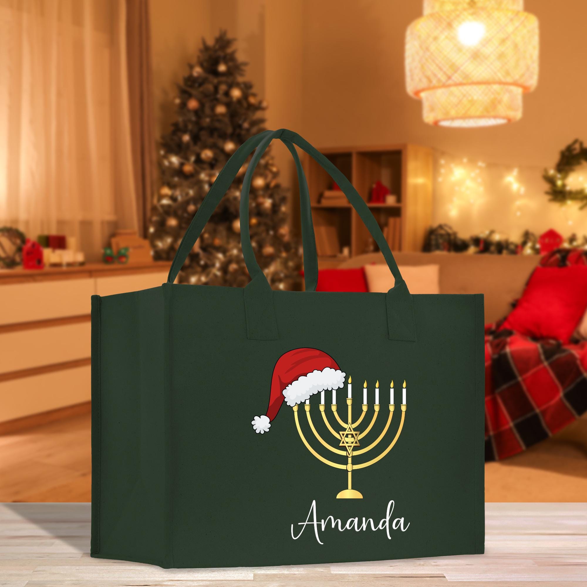 a green bag with a menorah on it