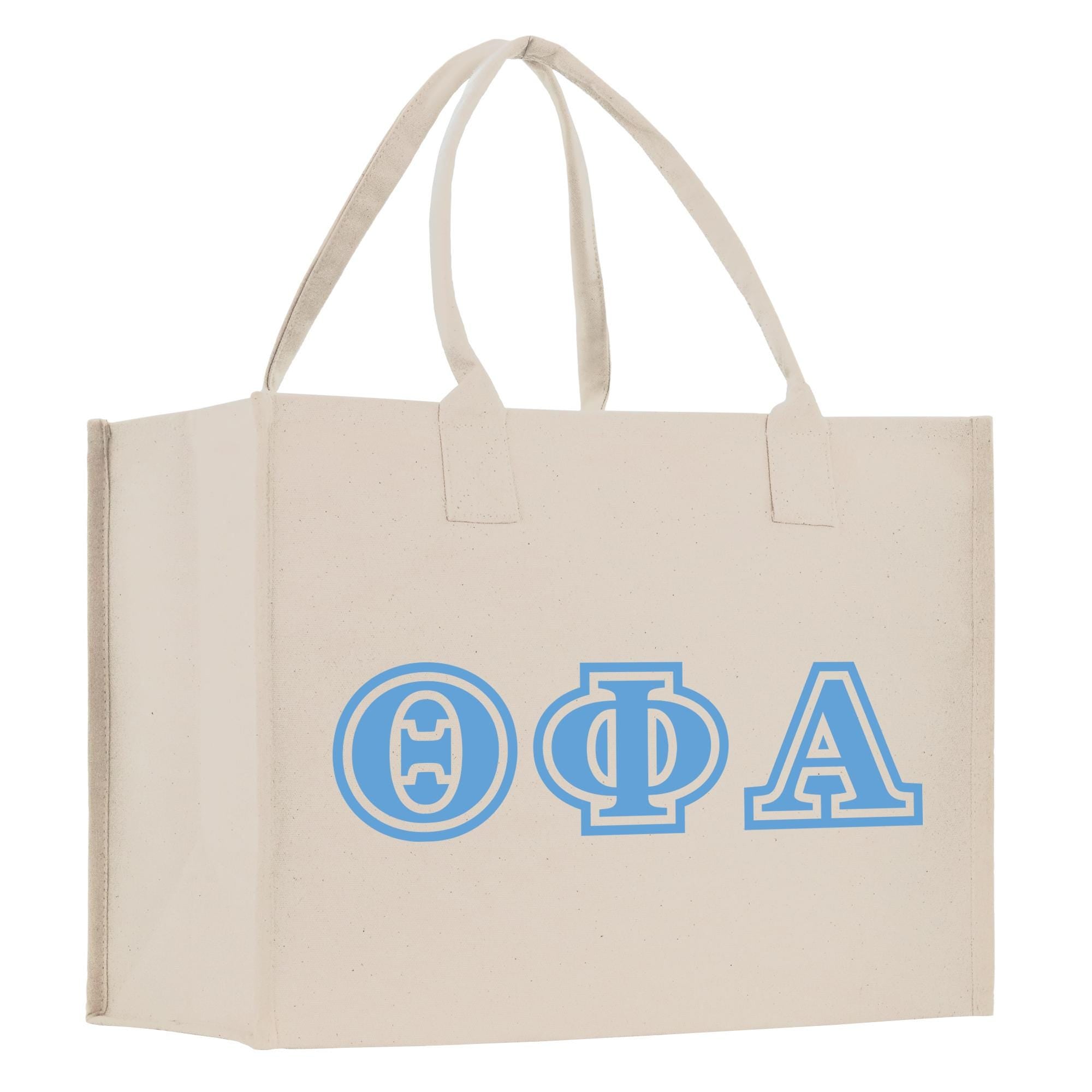 a white bag with blue letters on it