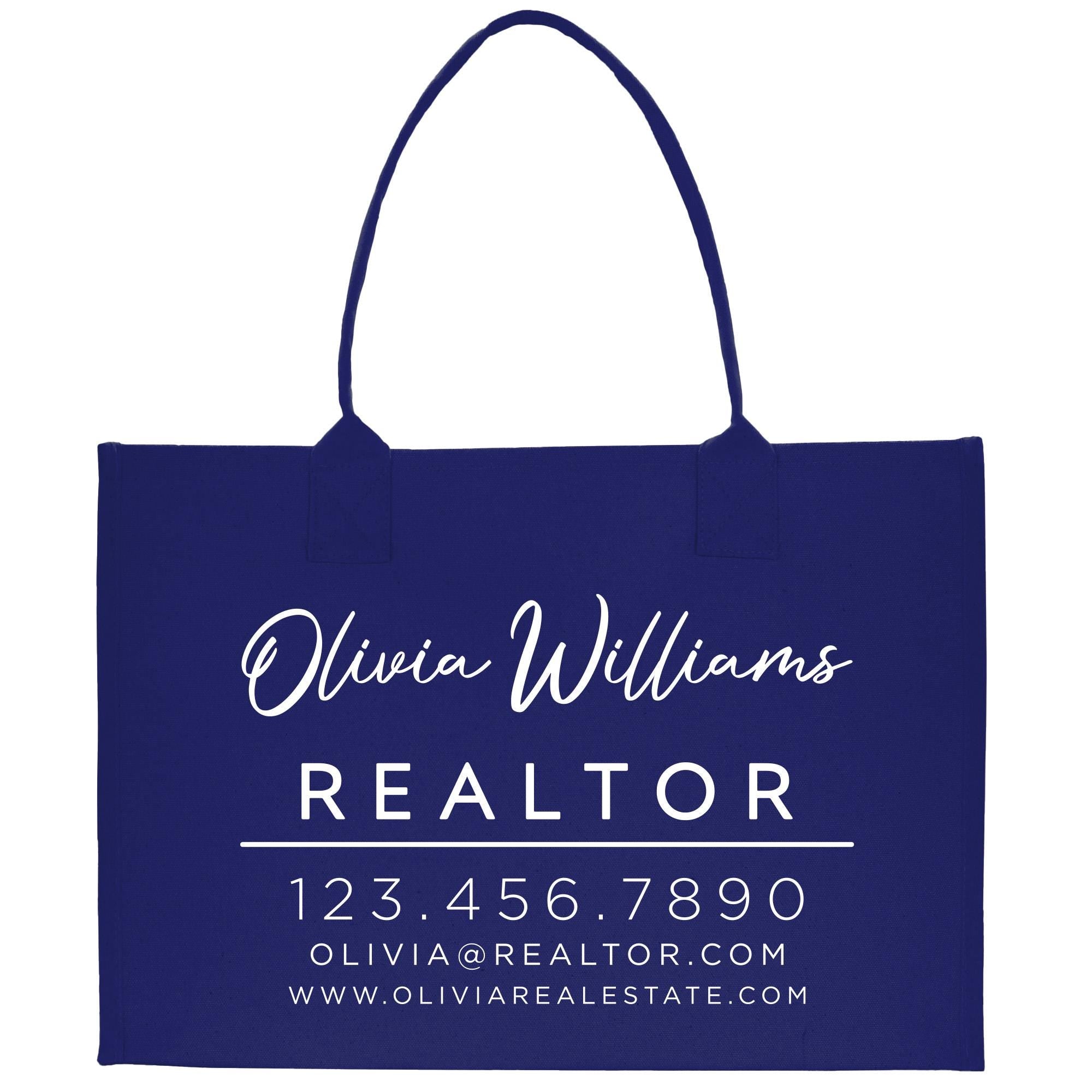 a blue shopping bag with a realtor logo on it