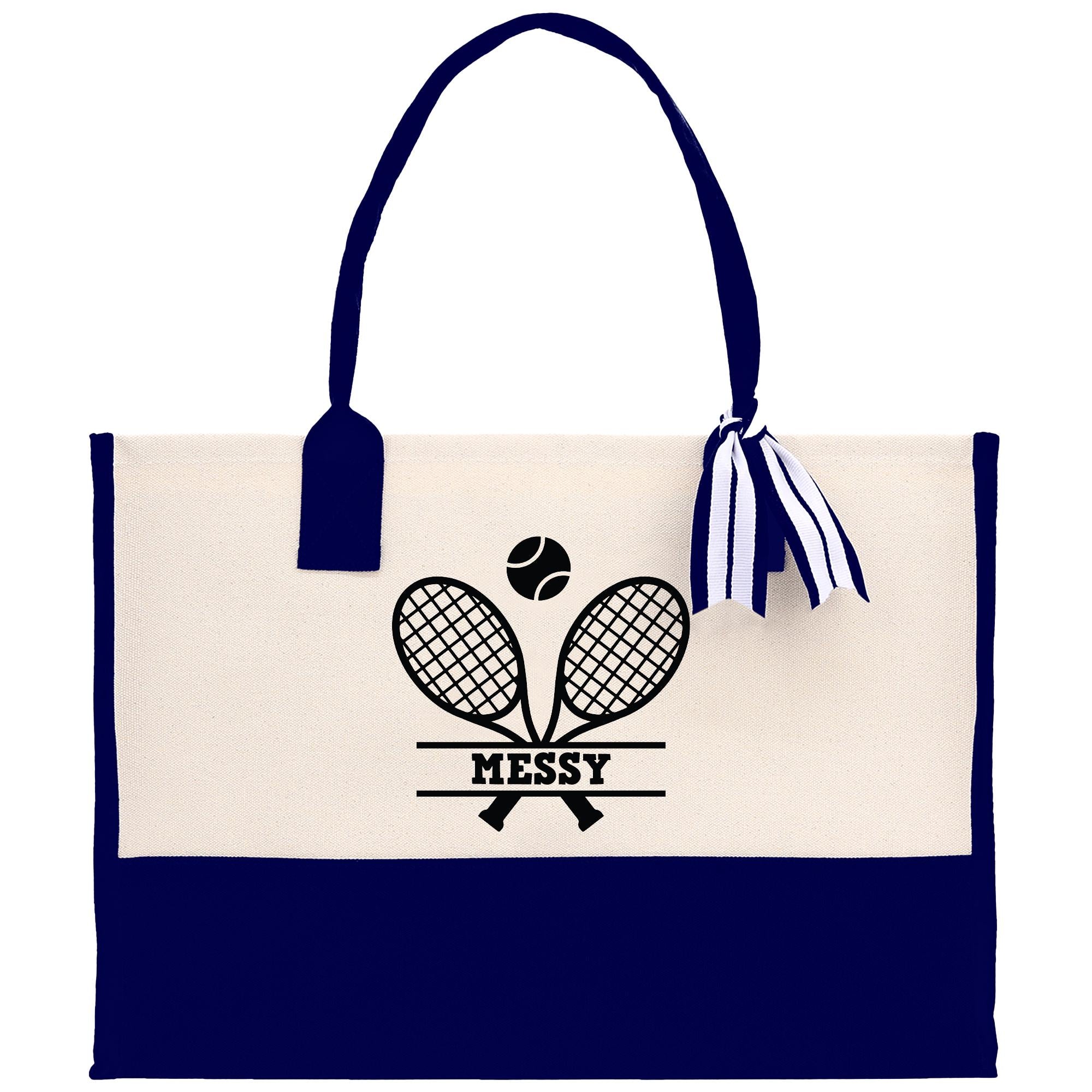 a white and blue bag with a tennis ball on it