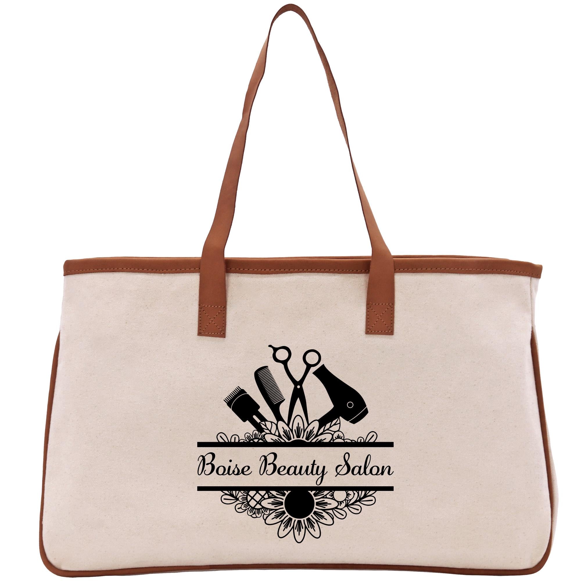 a canvas tote bag with scissors and a hairdryer on it