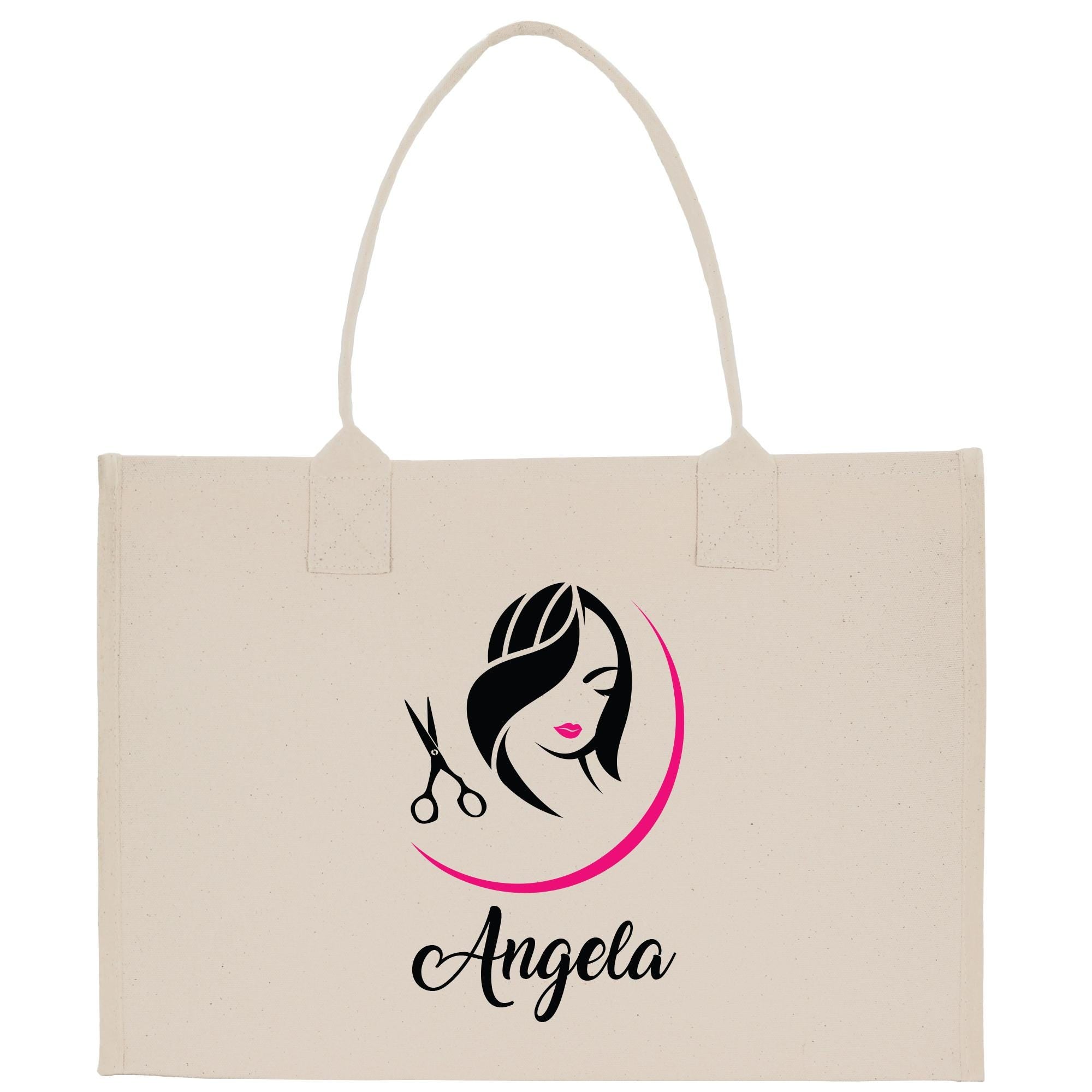 a tote bag with a woman&#39;s face and scissors