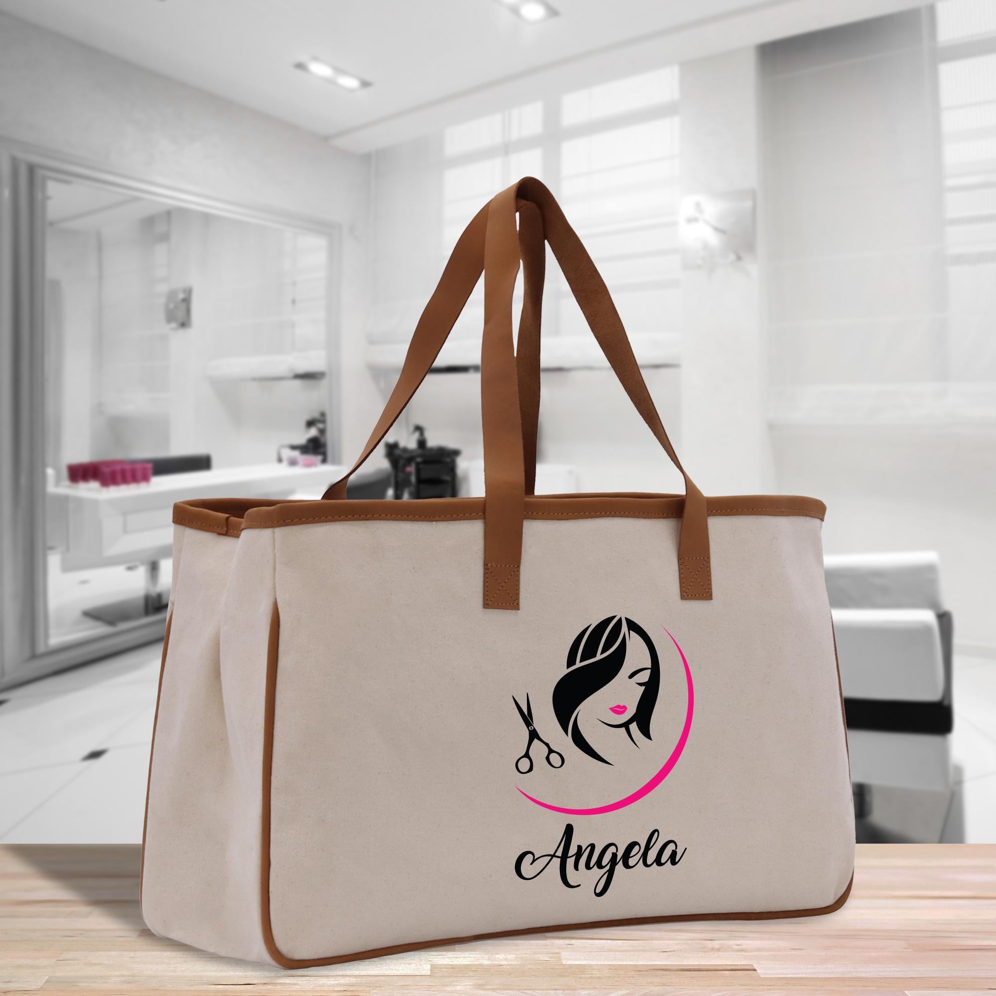 a canvas bag with a woman&#39;s hair logo on it