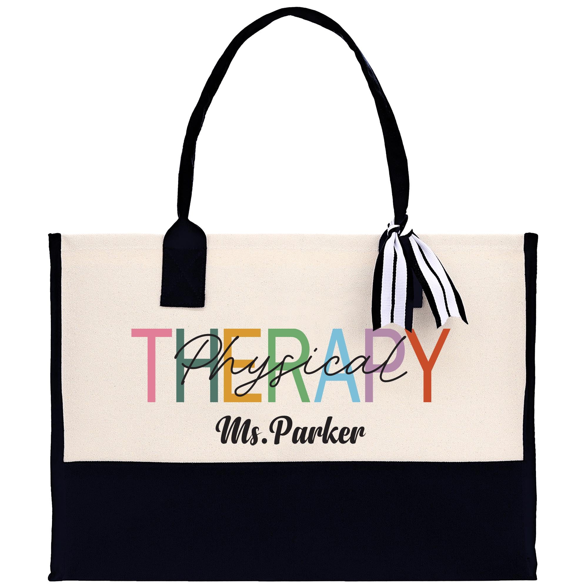 a white and black tote bag with the words therapy on it