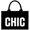 a black and white bag with the word chic on it