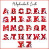 a red and white alphabet with snowmen on it