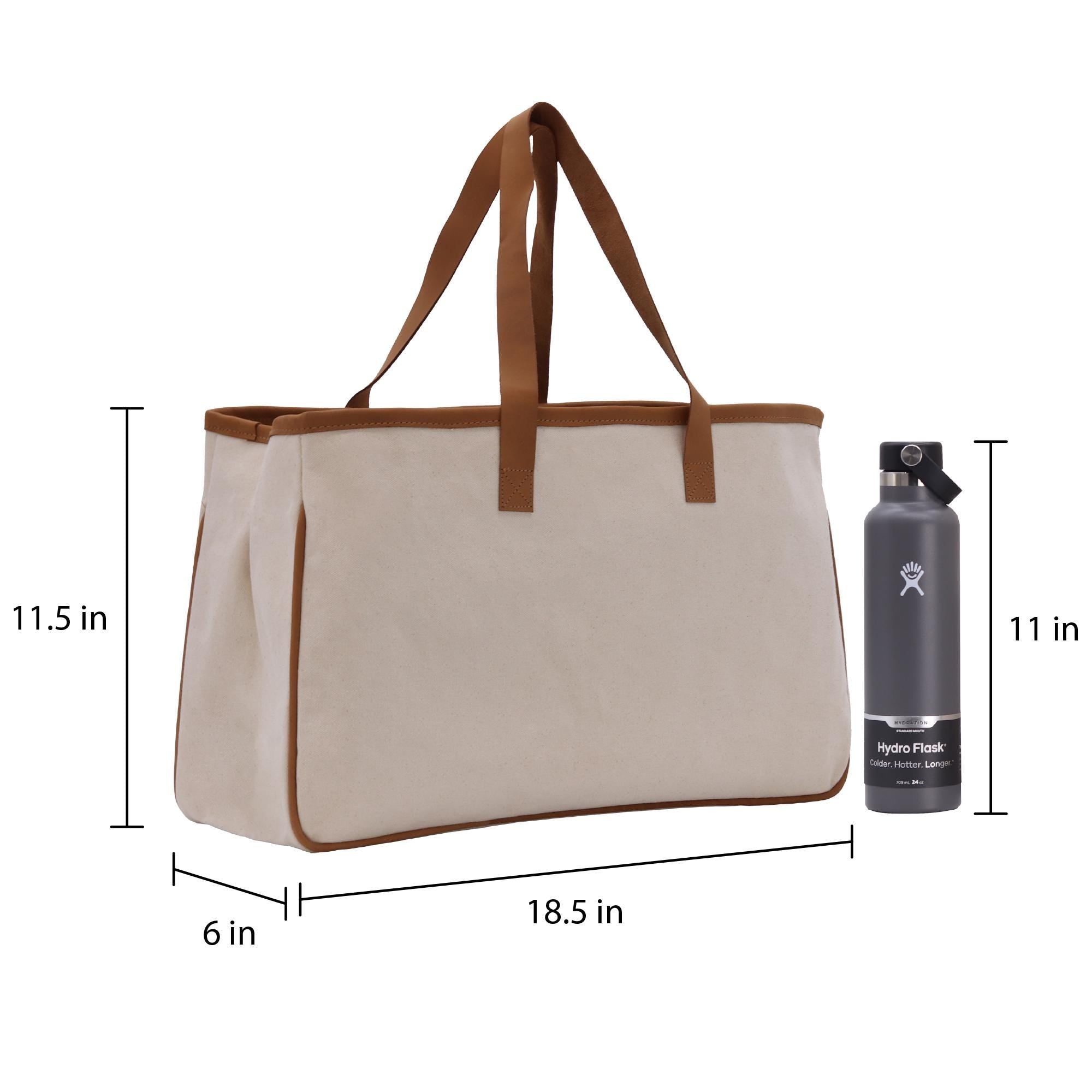 a tote bag with a water bottle next to it