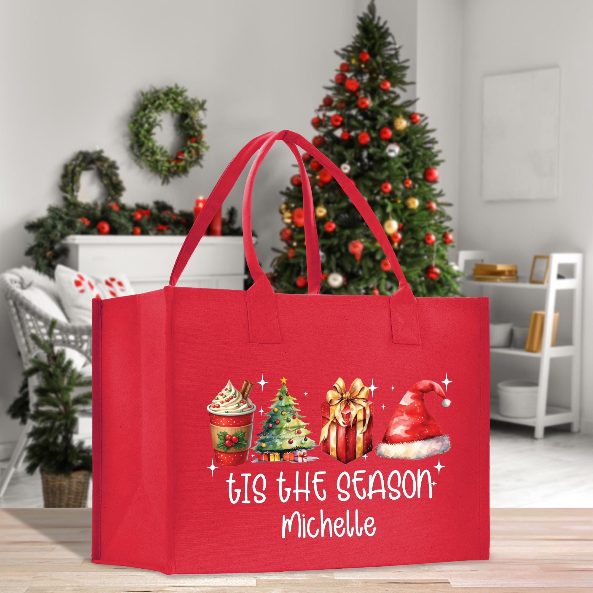 a red shopping bag with a christmas tree in the background